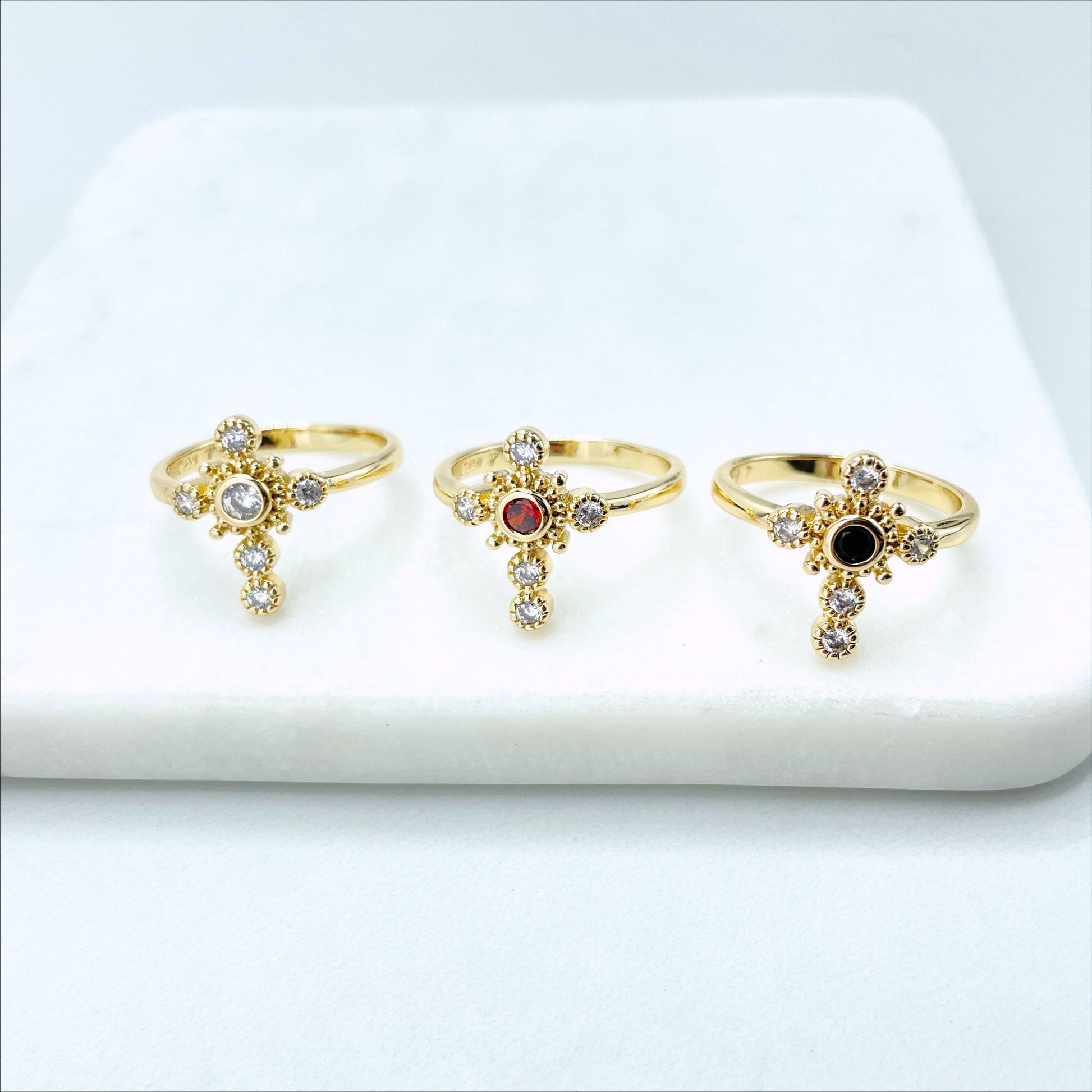 18k Gold Filled Deliciated Cross Shape Ring with Cubic Zirconia Red, White or Black, Wholesale Jewelry Making Supplies