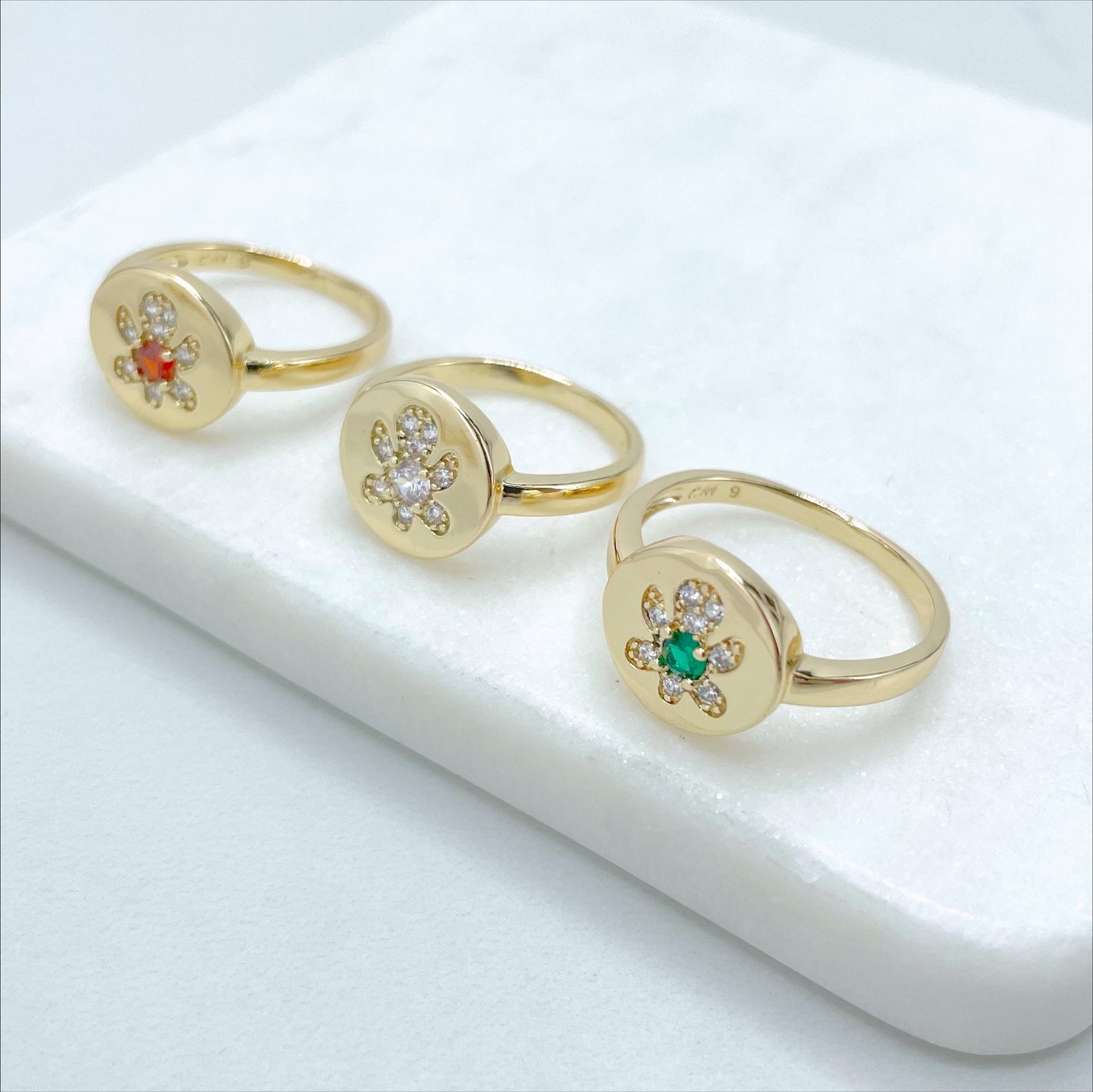 18k Gold Filled Clear Micro Cubic Zirconia in Flower Shape Design Ring with Green, Orange or Clear CZ, Wholesale Jewelry Making Supplies