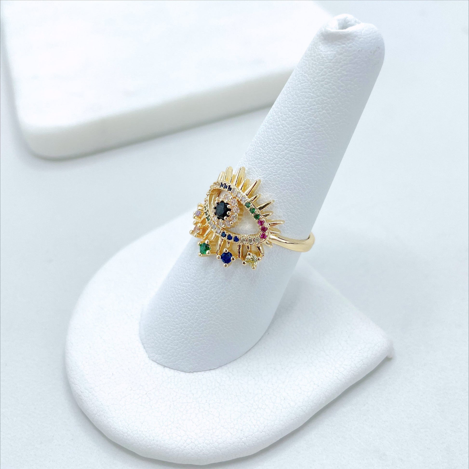 18k Gold Filled Evil Eyes Shape Statement Ring Featuring with Colored Rainbow Micro CZ and CZ, Wholesale Jewelry Making Supplies