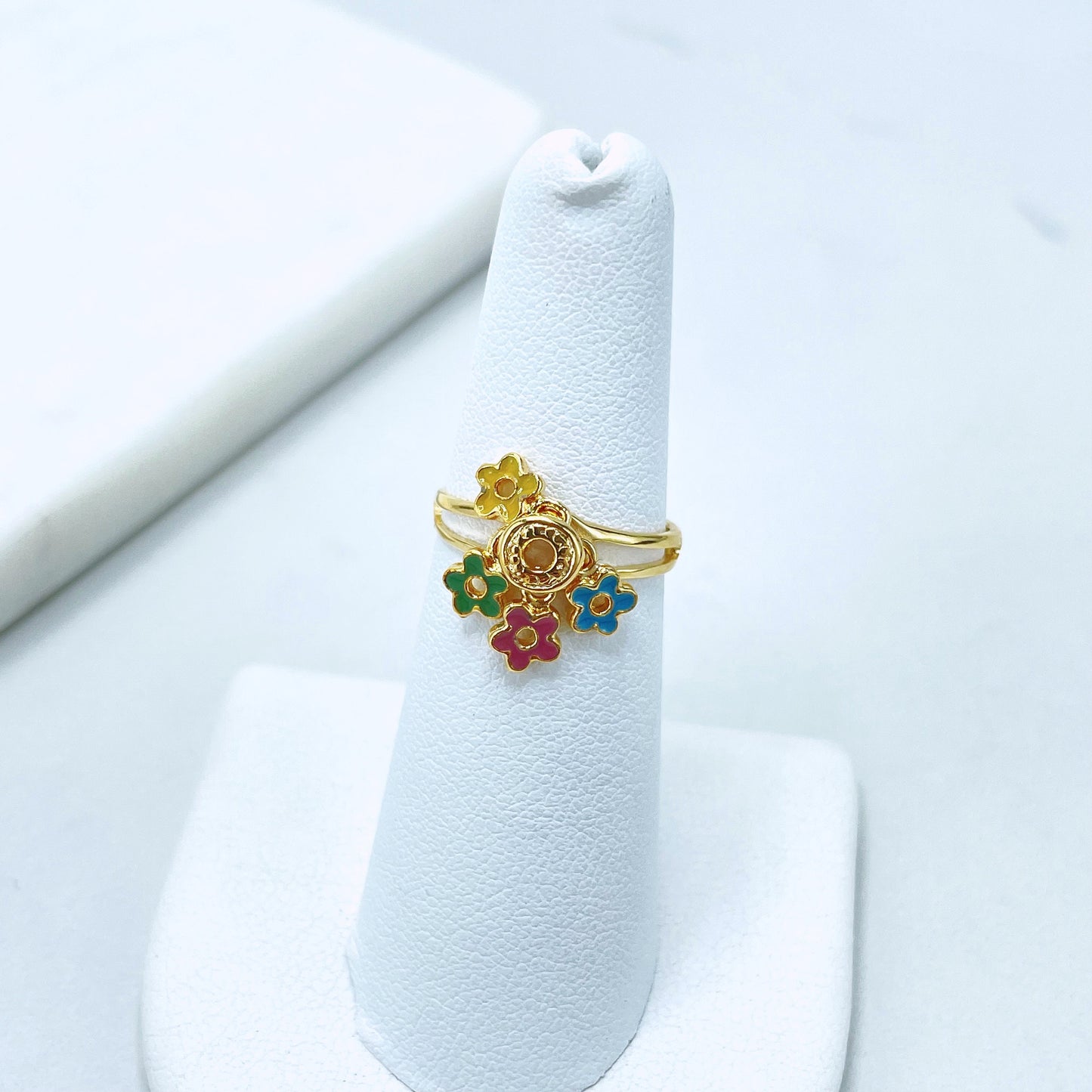 18k Gold Filled Colored Enamel Yellow, Blue, Green and Pink Flowers and Circle Ring, Wholesale Jewelry Making Supplies