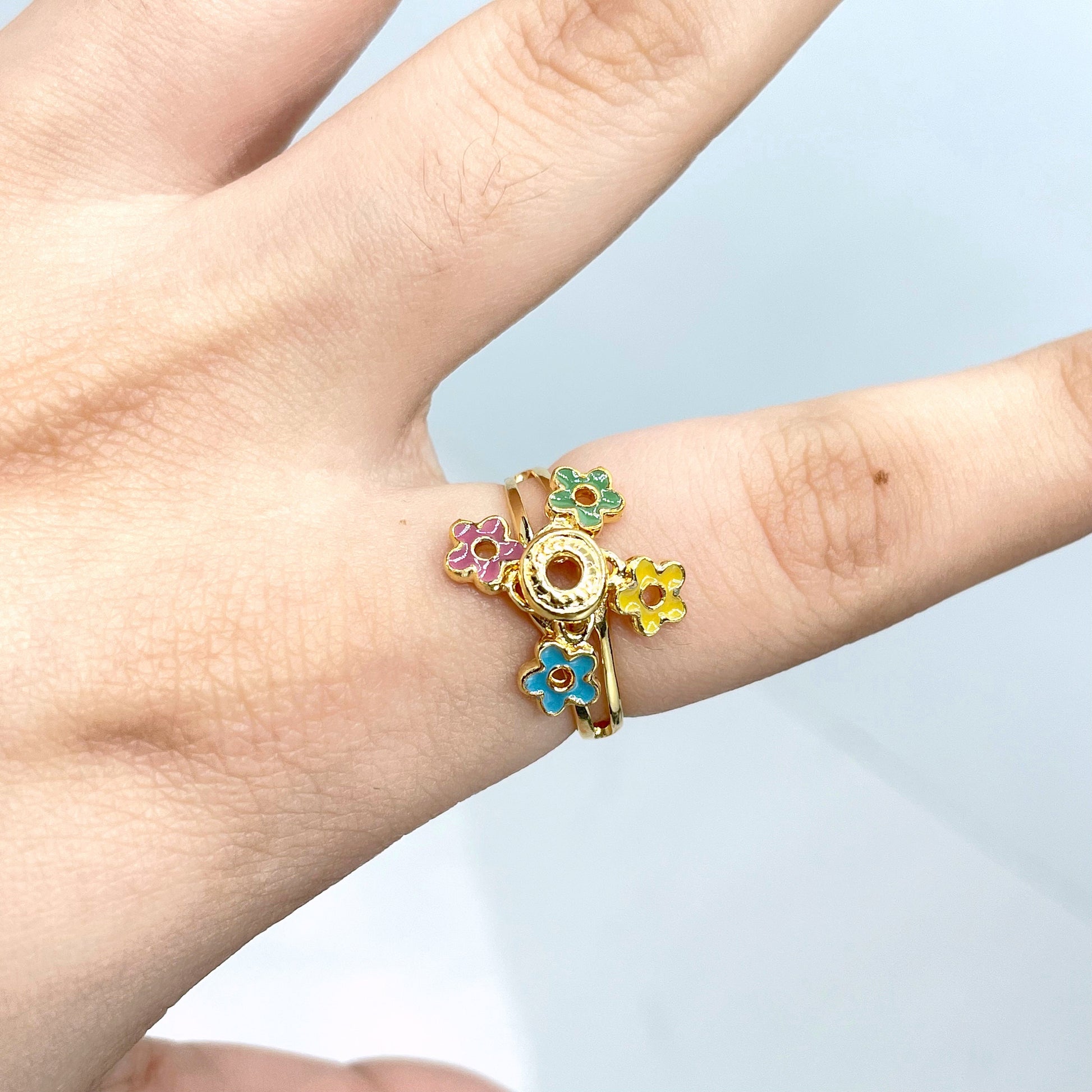 18k Gold Filled Colored Enamel Yellow, Blue, Green and Pink Flowers and Circle Ring, Wholesale Jewelry Making Supplies