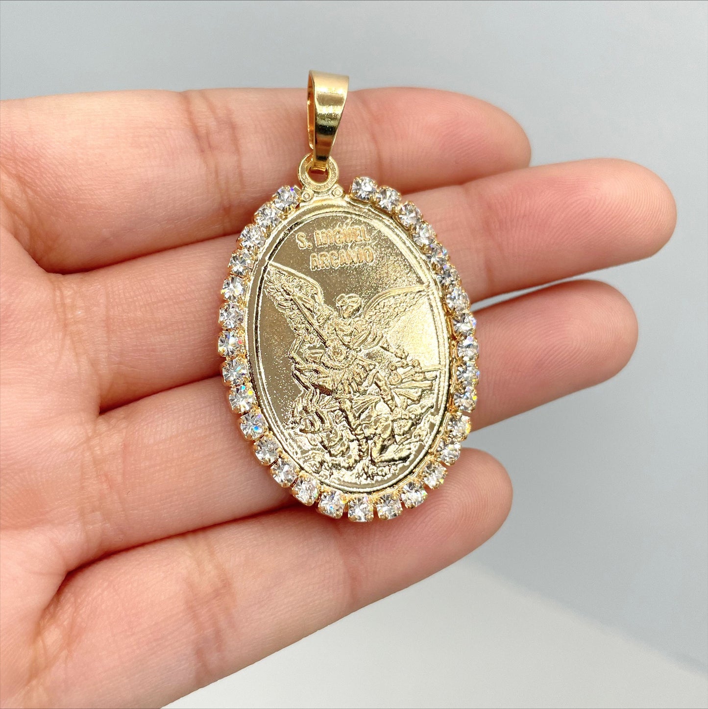 18k Gold Filled Cubic Zirconia Oval Medal  San Miguel Arcangel Pendant Charms, Religious Jewelry, Wholesale Jewelry Making Supplies