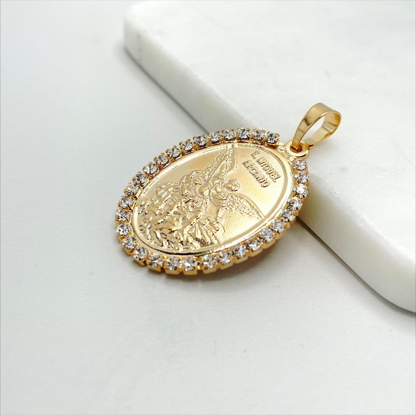 18k Gold Filled Cubic Zirconia Oval Medal  San Miguel Arcangel Pendant Charms, Religious Jewelry, Wholesale Jewelry Making Supplies