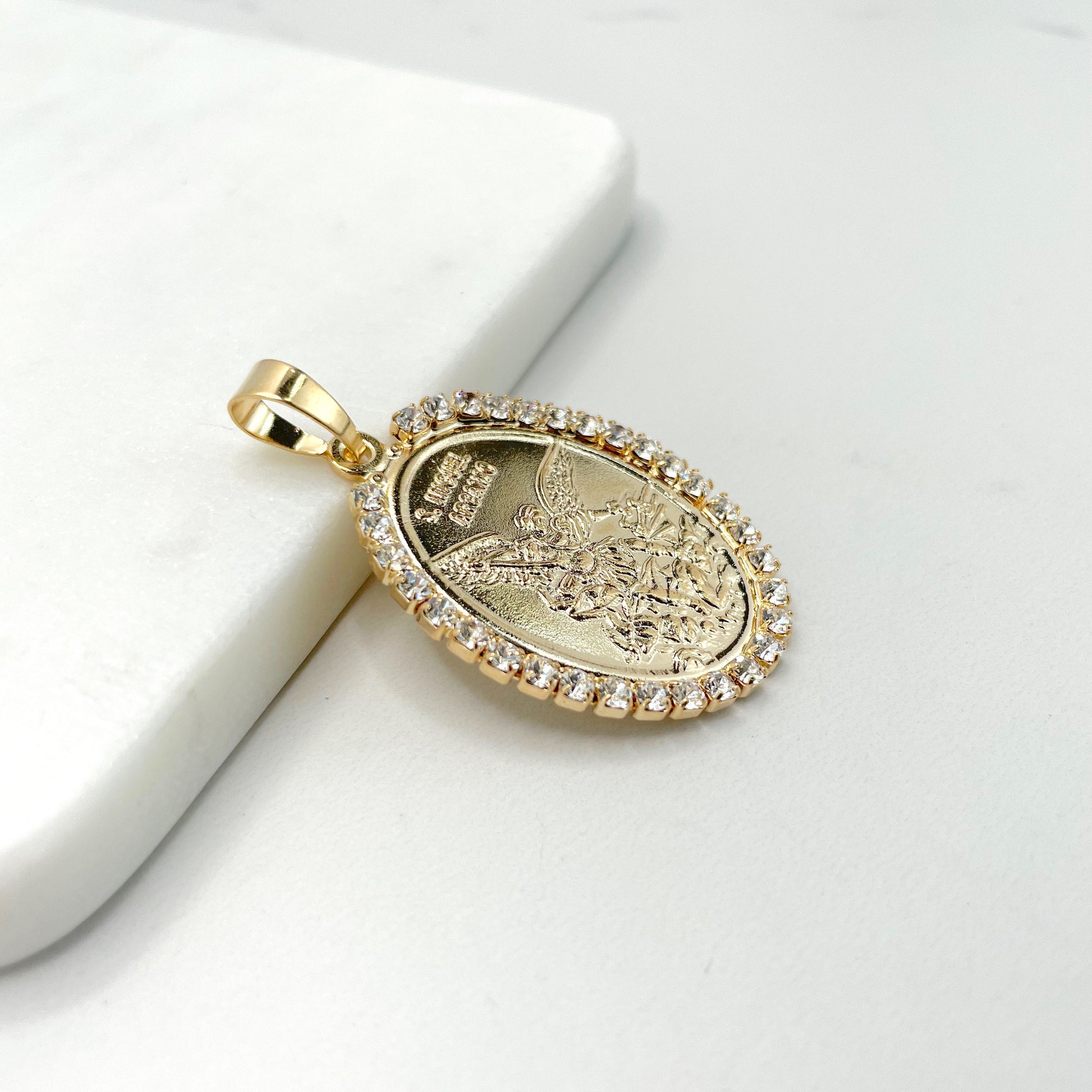 18k Gold Filled Cubic Zirconia Oval Medal  San Miguel Arcangel Pendant Charms, Religious Jewelry, Wholesale Jewelry Making Supplies