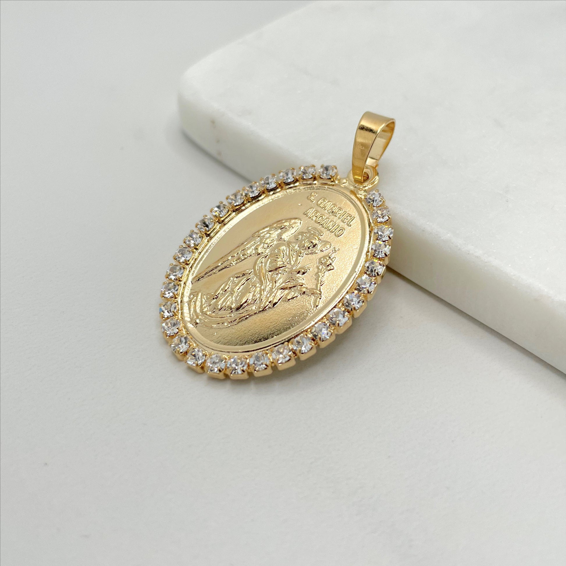 18k Gold Filled Cubic Zirconia Oval Medal San Miguel Arcangel Pendant Charms, Religious Jewelry, Wholesale Jewelry Making Supplies