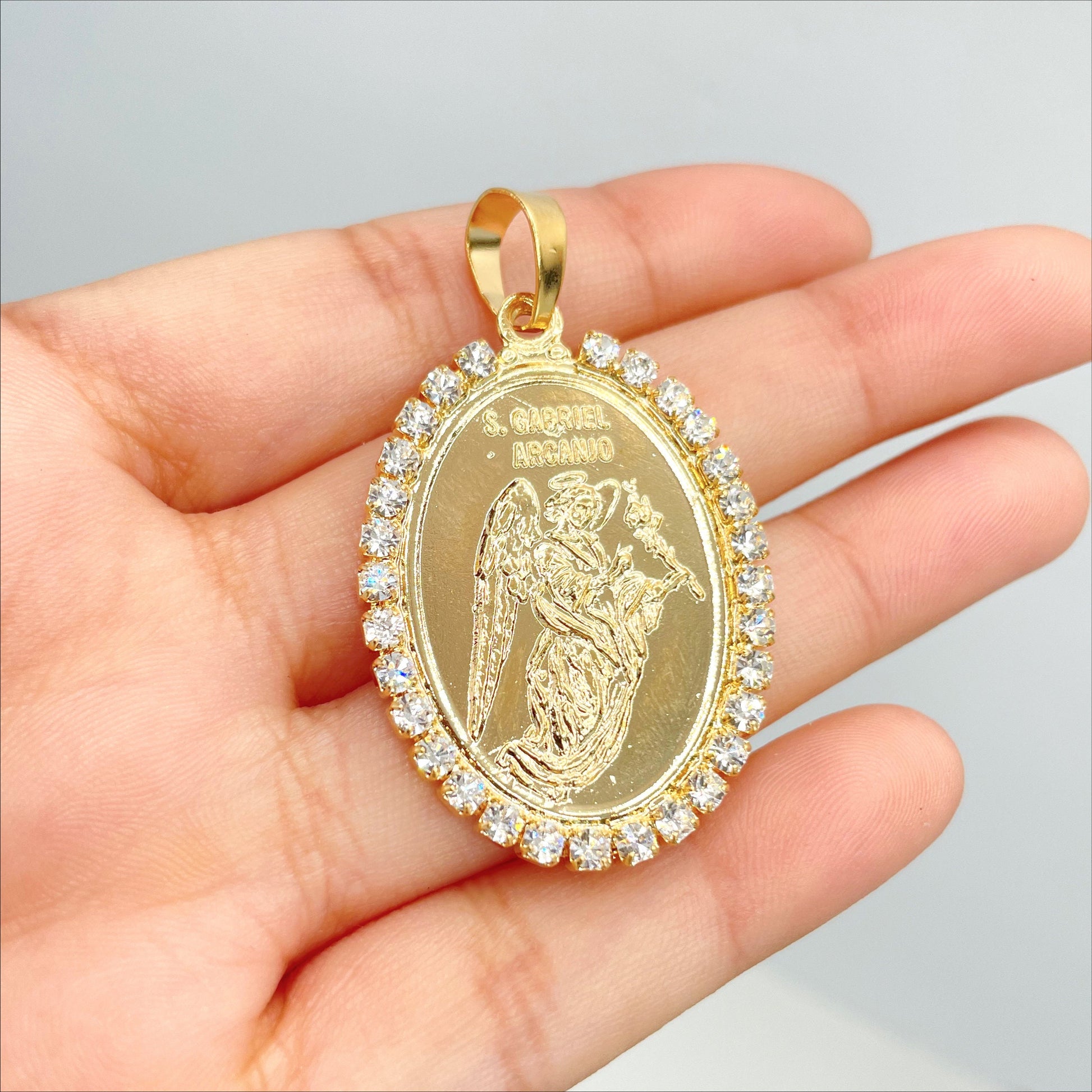 18k Gold Filled Cubic Zirconia Oval Medal San Miguel Arcangel Pendant Charms, Religious Jewelry, Wholesale Jewelry Making Supplies