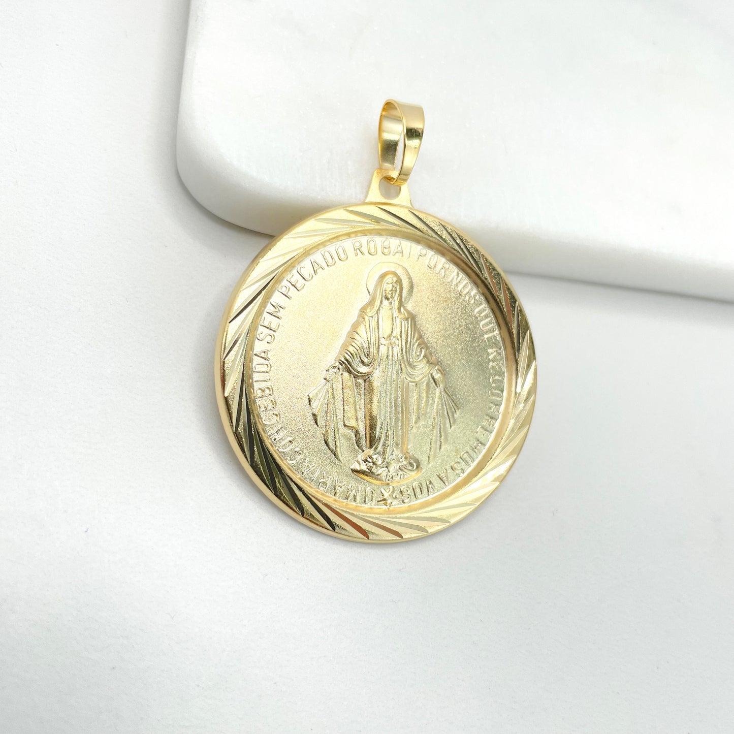18k Gold Filled La Milagrosa, Miraculous Virgin with a Maria's Prayer, Fosco Round Medal Pendant Charms, Wholesale Jewelry Making Supplies