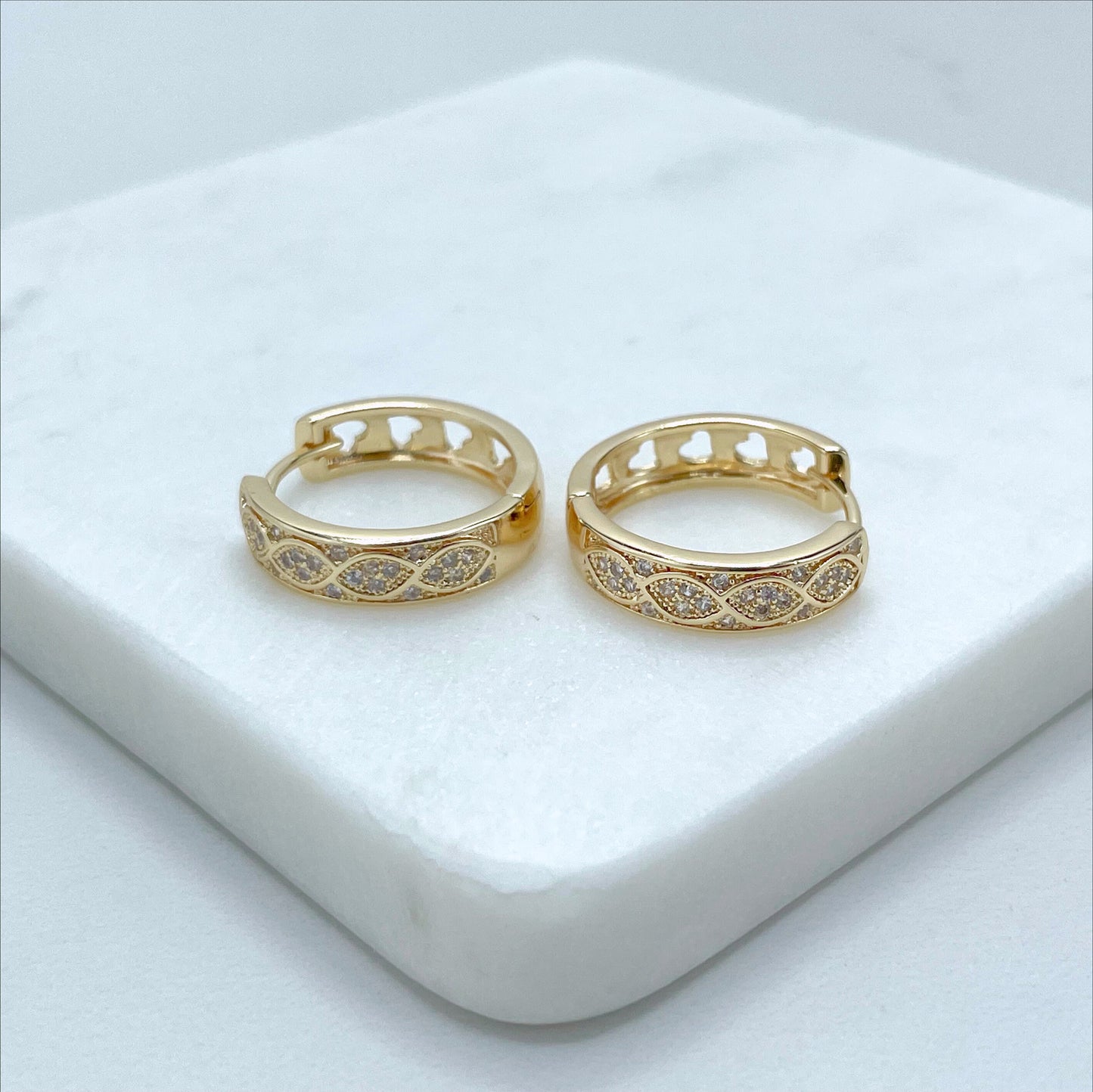 18k Gold Filled 9mm Huggie Hoops Earrings with Micro Cubic Zirconia and Hearts Cutout Back Design, Wholesale Jewelry Making Supplies