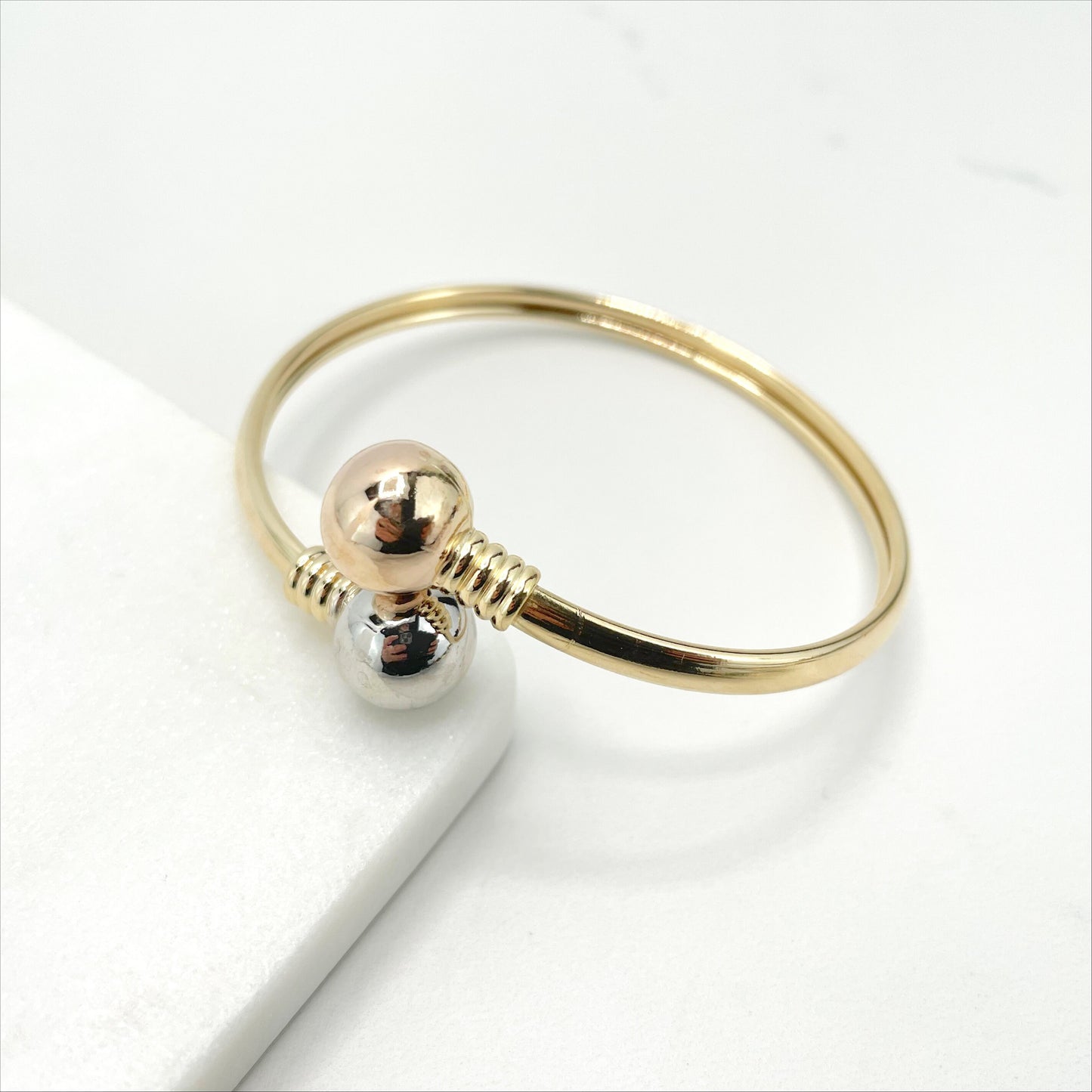 18k Gold Filled Wrist Cuff Bangle with Two Toned Balls, Gold and Silver or Rose Gold and Silver, Wholesale Jewelry Making Supplies