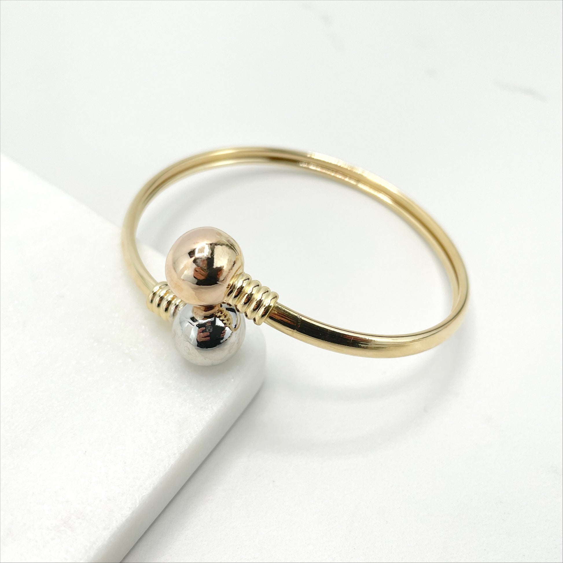 18k Gold Filled Wrist Cuff Bangle with Two Toned Balls, Gold and Silver or Rose Gold and Silver, Wholesale Jewelry Making Supplies