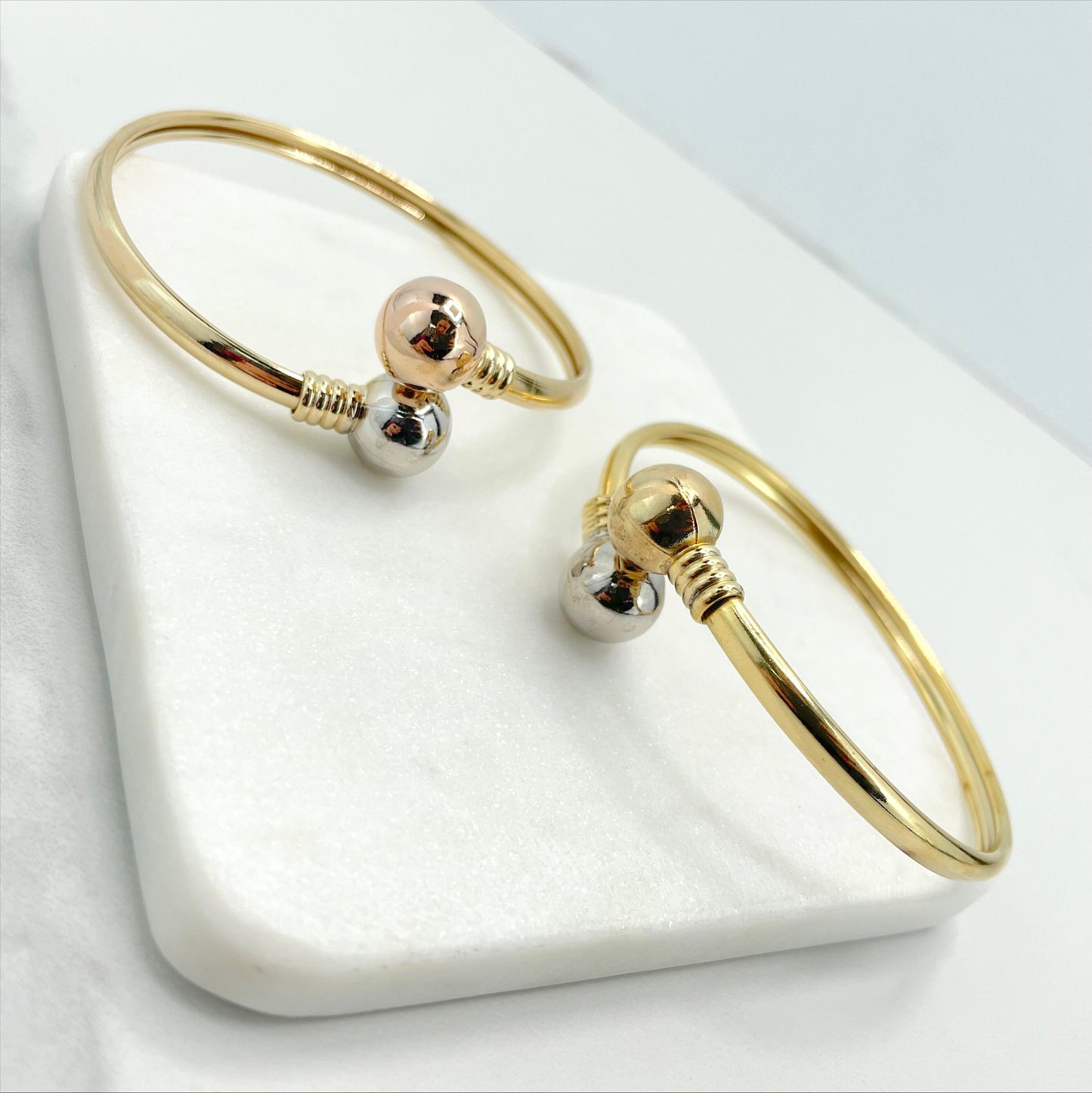 18k Gold Filled Wrist Cuff Bangle with Two Toned Balls, Gold and Silver or Rose Gold and Silver, Wholesale Jewelry Making Supplies