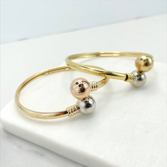 18k Gold Filled Wrist Cuff Bangle with Two Toned Balls, Gold and Silver or Rose Gold and Silver, Wholesale Jewelry Making Supplies