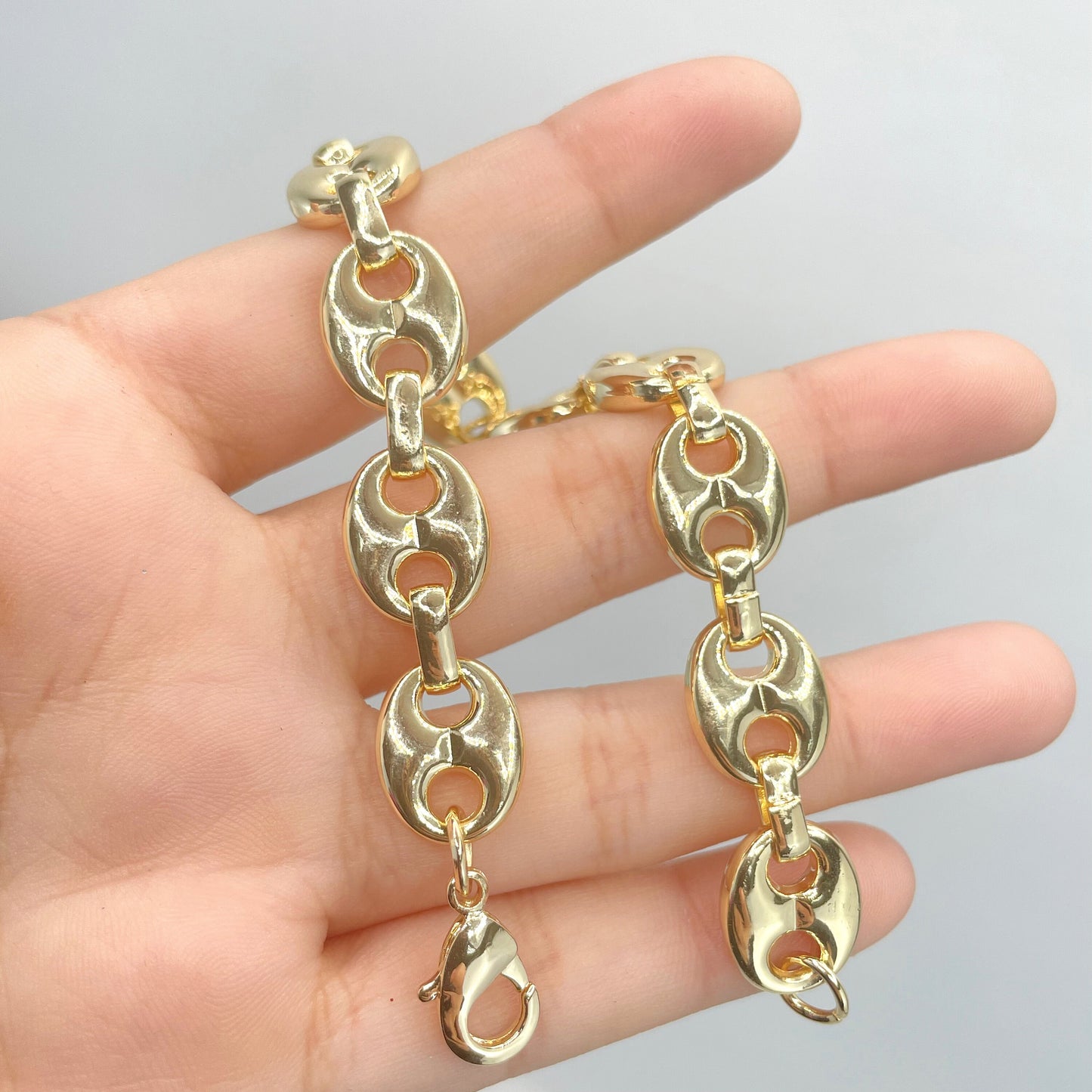 18k Gold Filled 12mm Puffy Mariner Style Link Chain Bracelet, Lobster Claw, Wholesale Jewelry Making Supplies