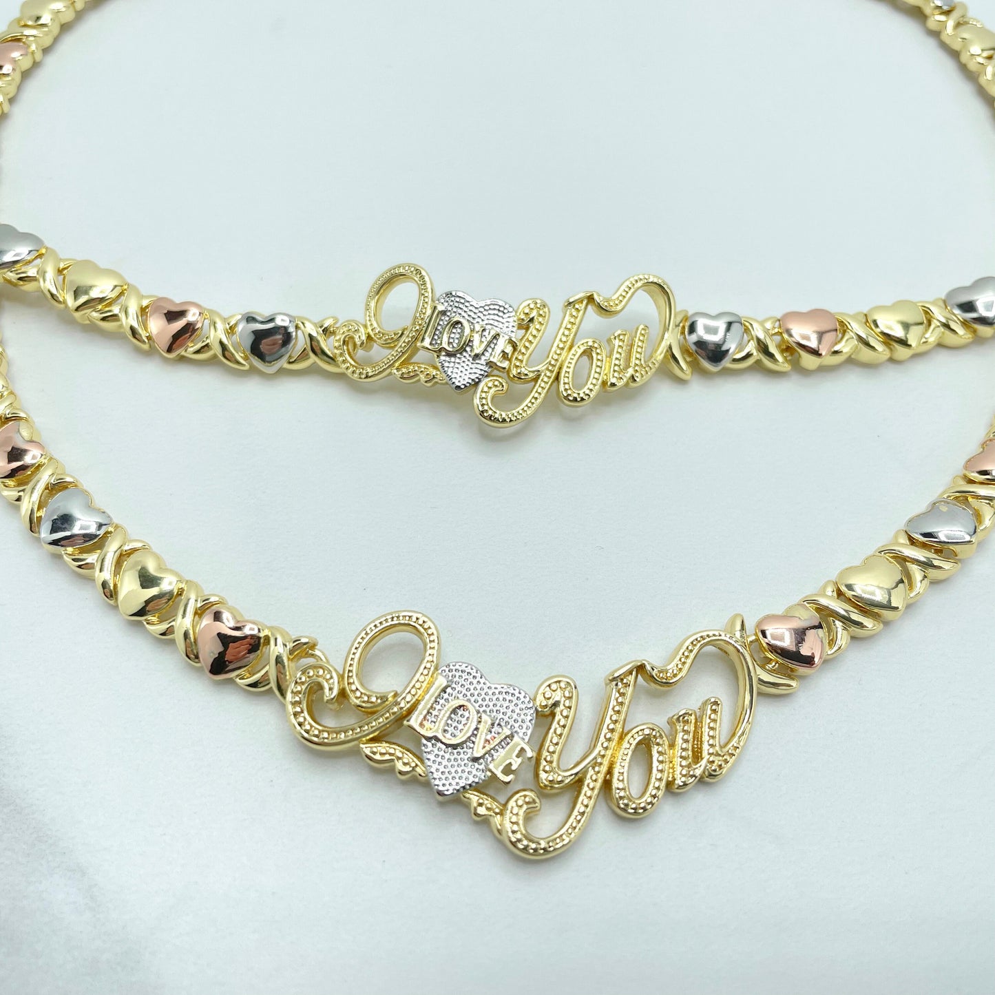 18k Gold Filled Three Tone, Three - Color "I Love You" Heart, XoXo Hug & Kisses Shape Set, Necklace and Bracelet, Wholesale Jewelry Supplies