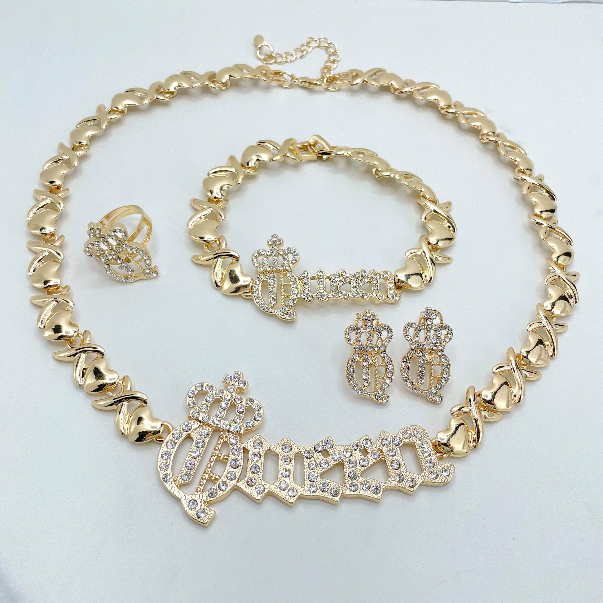 18k Gold Filled Cubic Zirconia "Queen" Word with Crown, XoXo Hug and Kisses Link Shape Set, 04 Pieces, Wholesale Jewelry Making Supplies