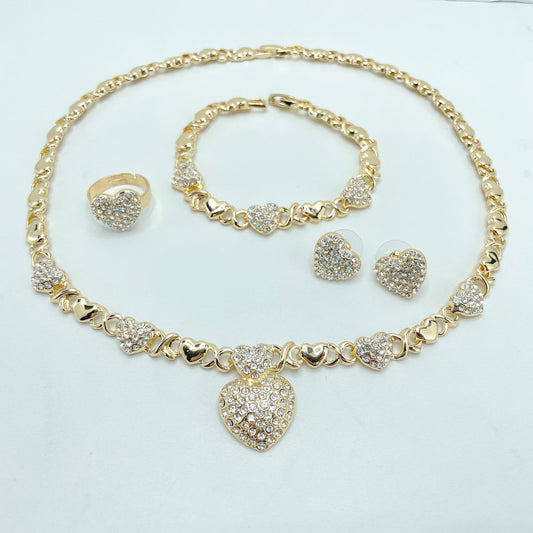 18k Gold Filled Cubic Zirconia Heart with XoXo Hug and Kisses Link Shape Set, 04 Pieces, Wholesale Jewelry Making Supplies