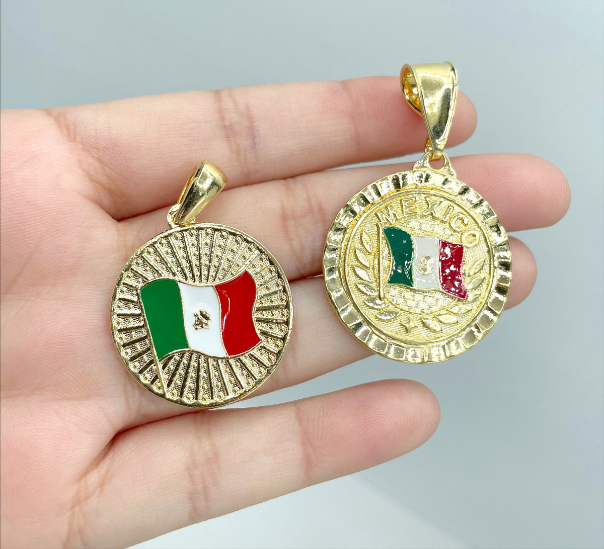 18k Gold Filled Texturized Mexico Flag Colored Medal Pendant Charms, Only Flag or Flag with Name, Wholesale Jewelry Making Supplies