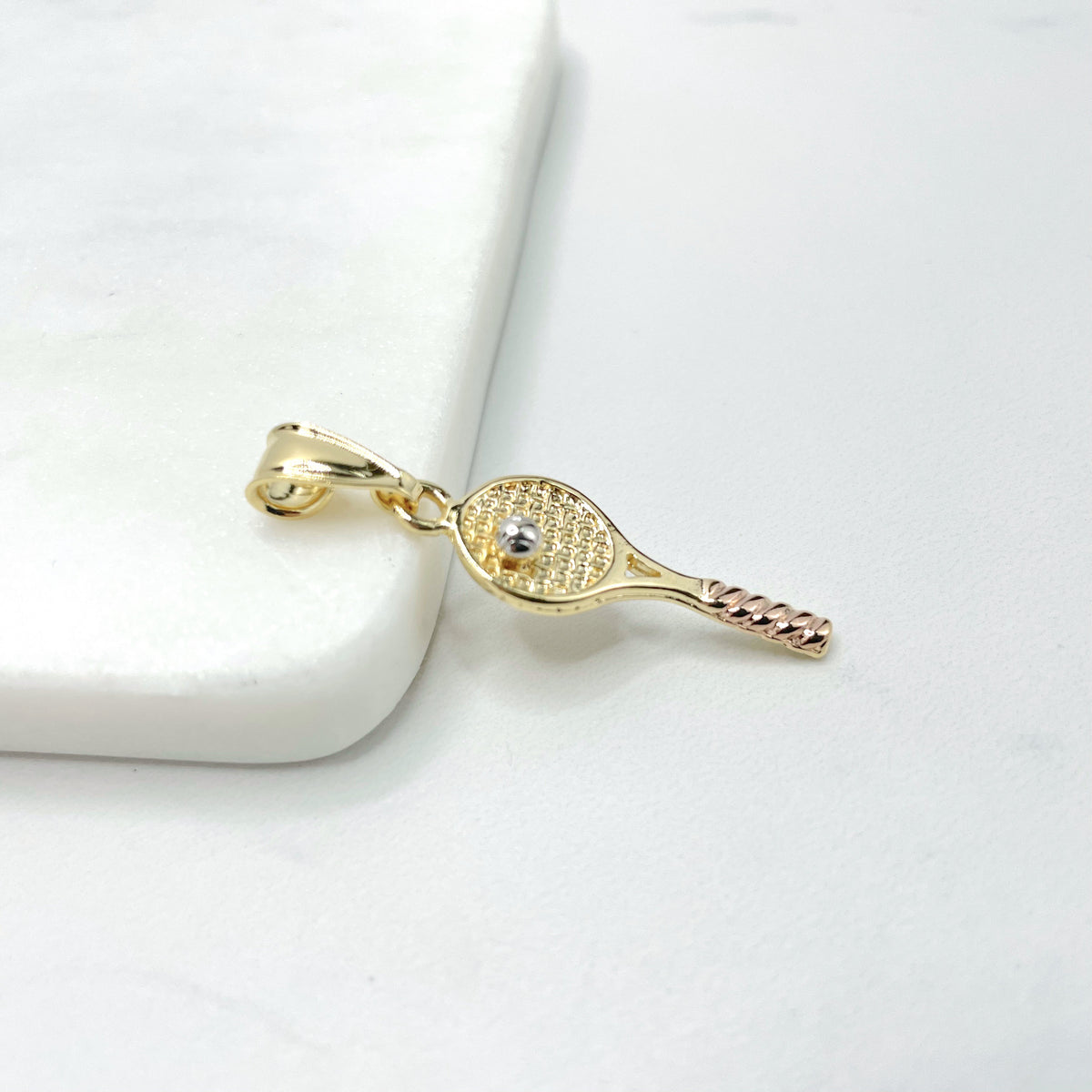 18k Gold Filled Three Tone, Tri-Color Tennis Racquet with Ball Pendant Charms, Sports Jewelry, Wholesale Jewelry Making Supplies