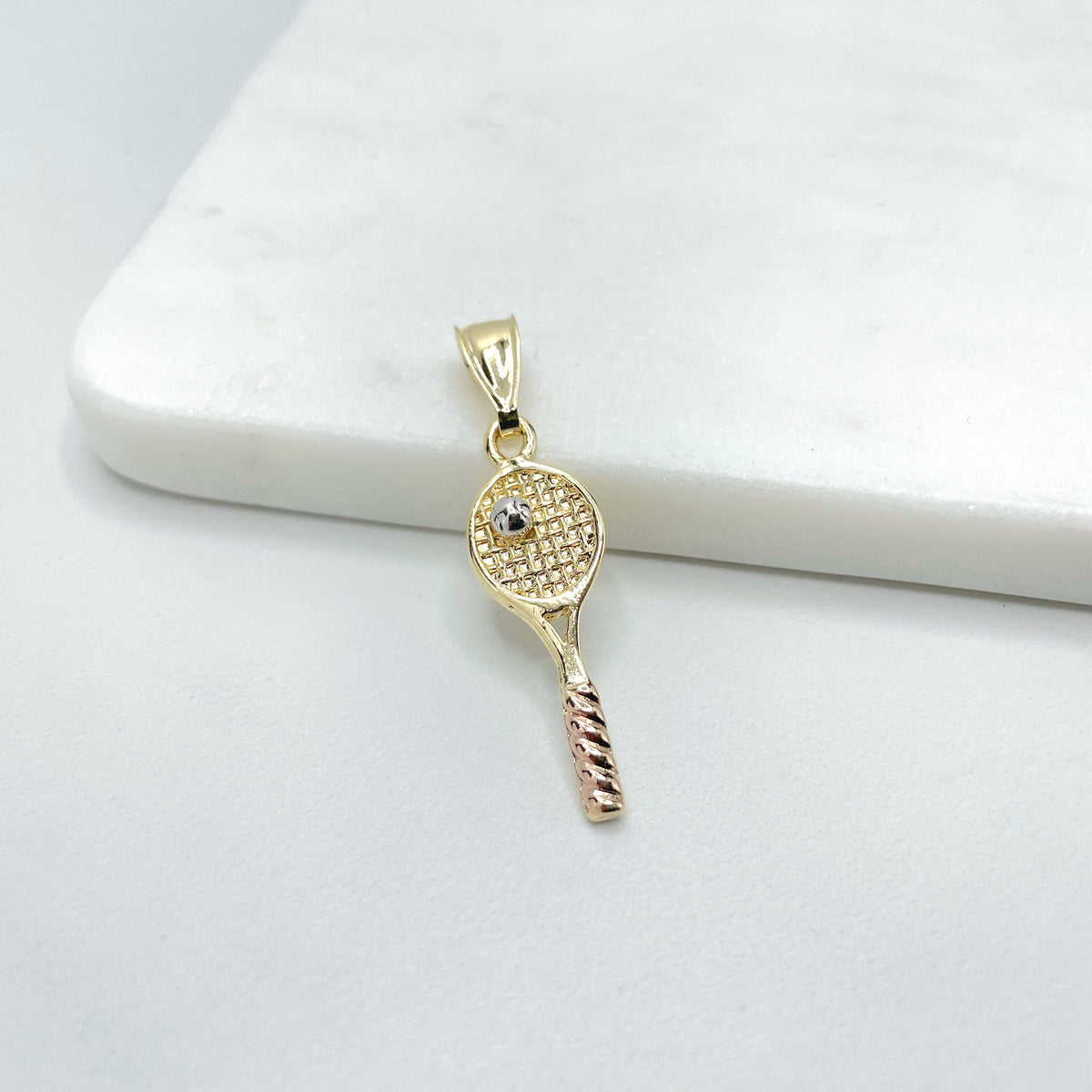 18k Gold Filled Three Tone, Tri-Color Tennis Racquet with Ball Pendant Charms, Sports Jewelry, Wholesale Jewelry Making Supplies