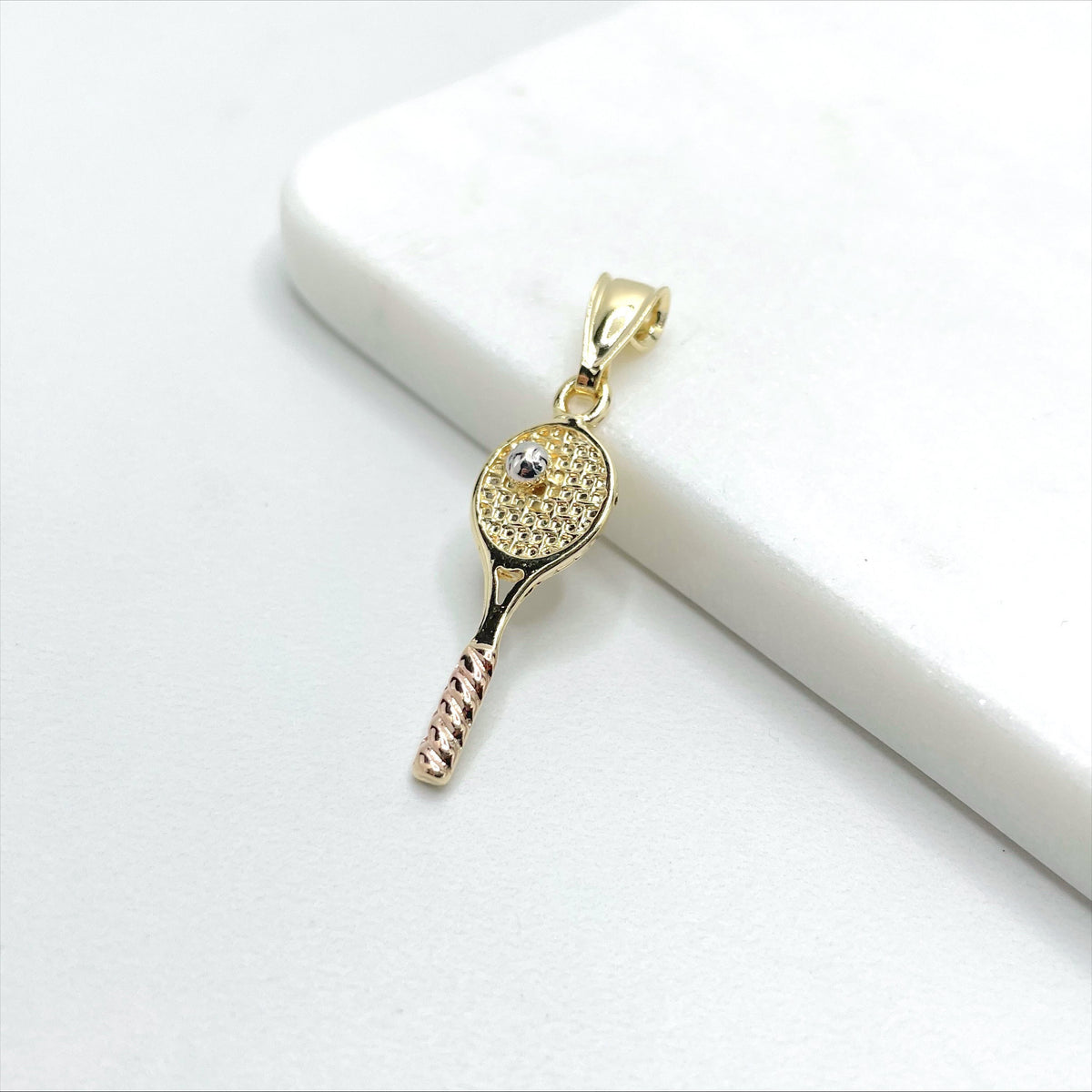 18k Gold Filled Three Tone, Tri-Color Tennis Racquet with Ball Pendant Charms, Sports Jewelry, Wholesale Jewelry Making Supplies