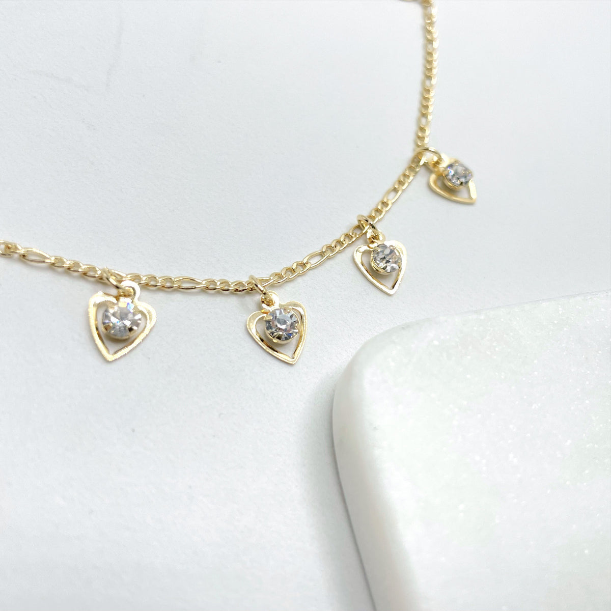 18k Gold Filled 2mm Figaro Chain with Dangles Cubic Zirconia and Delicate Hearts Anklet, Romantic Jewelry, Wholesale Jewelry Making Supplies
