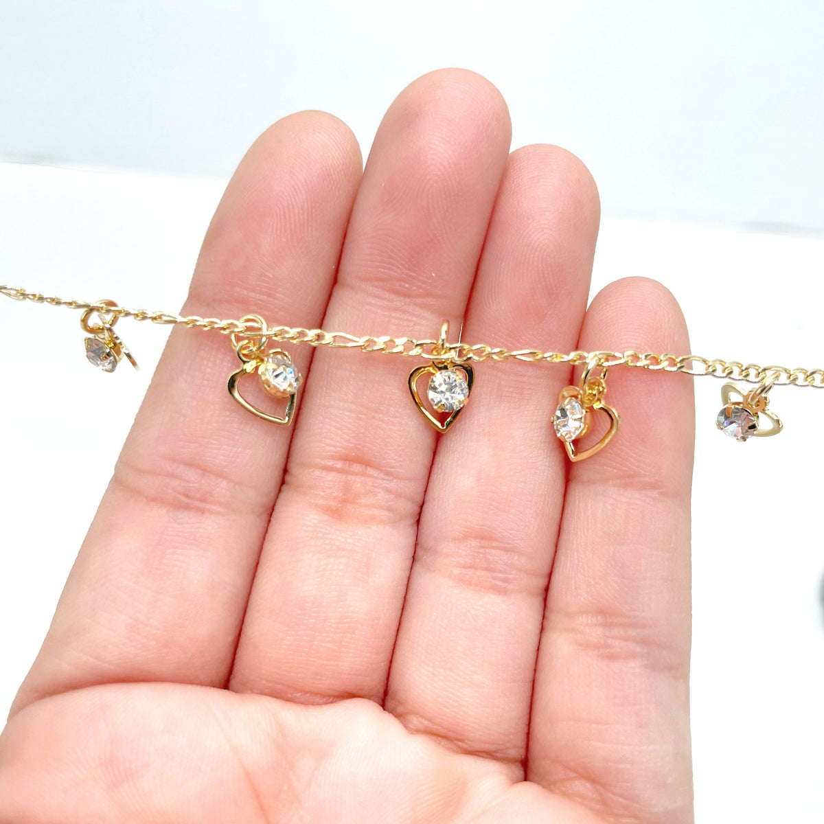18k Gold Filled 2mm Figaro Chain with Dangles Cubic Zirconia and Delicate Hearts Anklet, Romantic Jewelry, Wholesale Jewelry Making Supplies