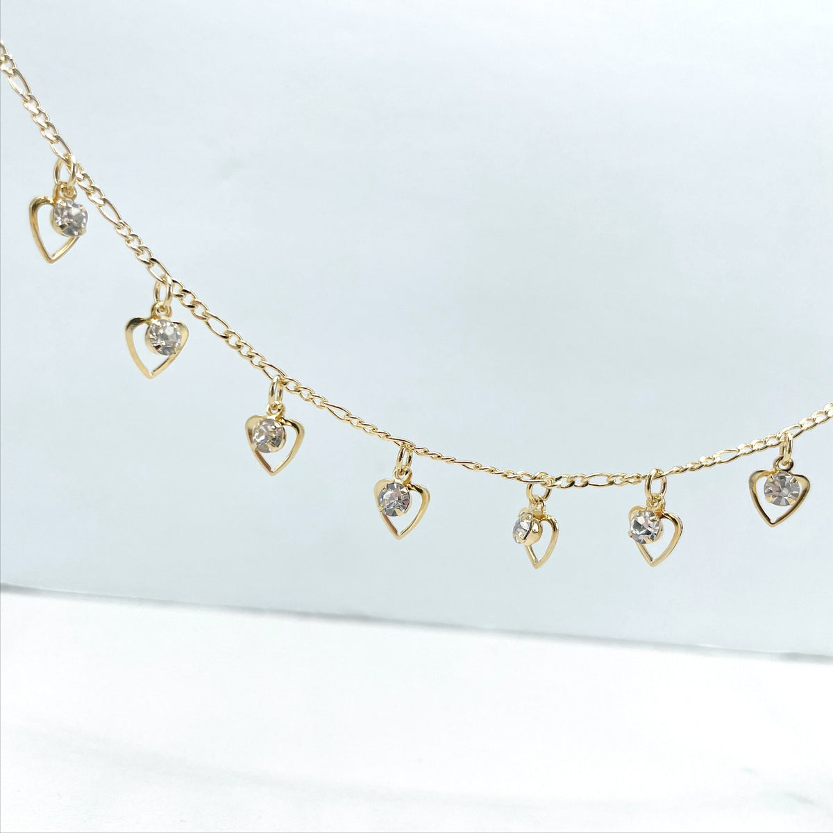 18k Gold Filled 2mm Figaro Chain with Dangles Cubic Zirconia and Delicate Hearts Anklet, Romantic Jewelry, Wholesale Jewelry Making Supplies
