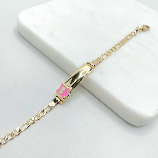 18k Gold Filled 3mm Figaro Link Chain with Cutie Pink Ghost Boo Charm in ID Kids Children Bracelet, Wholesale Jewelry Making Supplies