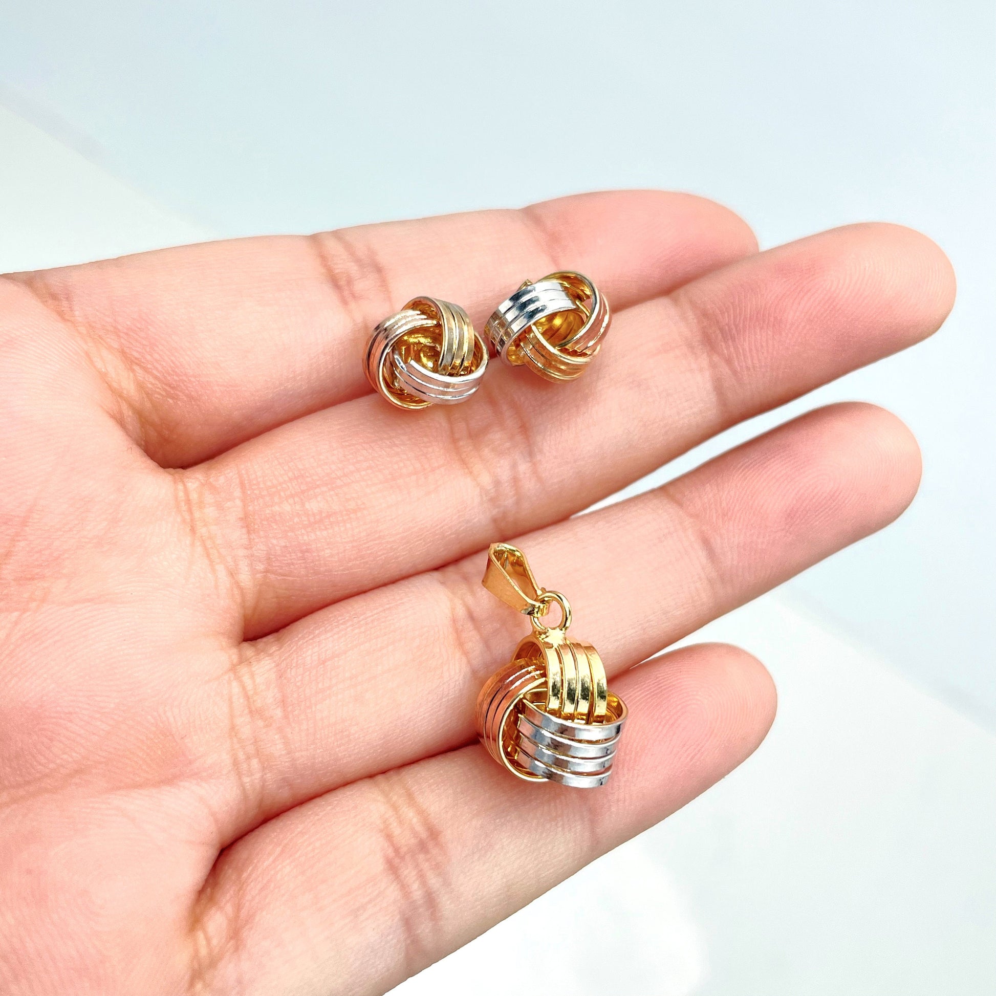 18k Gold Filled Three Tone, Tri-Color Knot Stud Earrings & Charms Set, Wholesale Jewelry Making Supplies