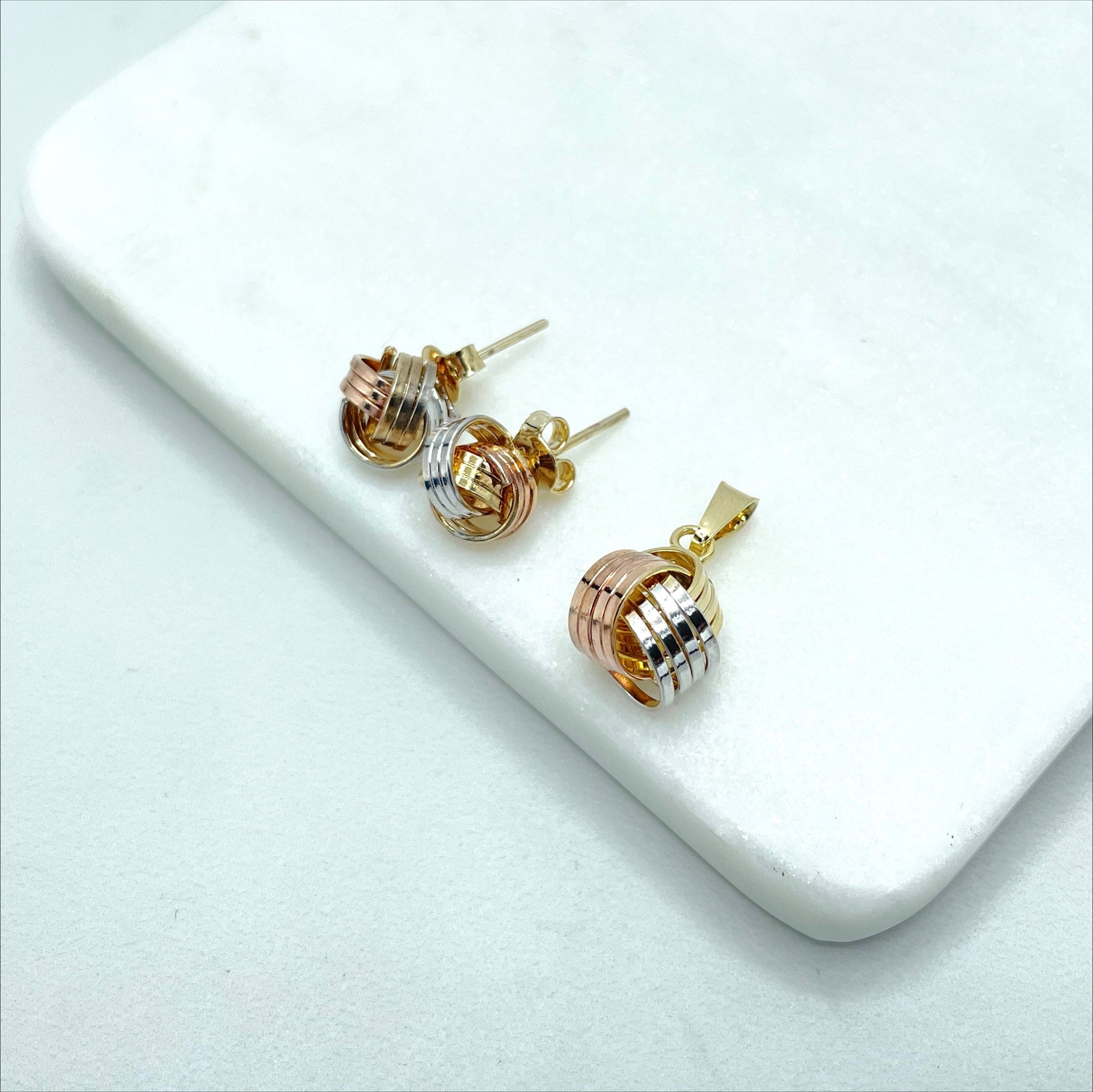 18k Gold Filled Three Tone, Tri-Color Knot Stud Earrings & Charms Set, Wholesale Jewelry Making Supplies