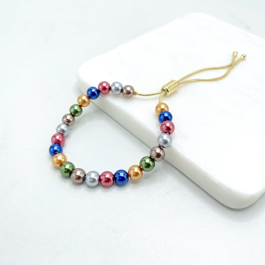18k Gold Filled 1mm Snake Chain with Colored Beads Adjustable Beaded Fashion Bracelet, Wholesale Jewelry Making Making Supplies