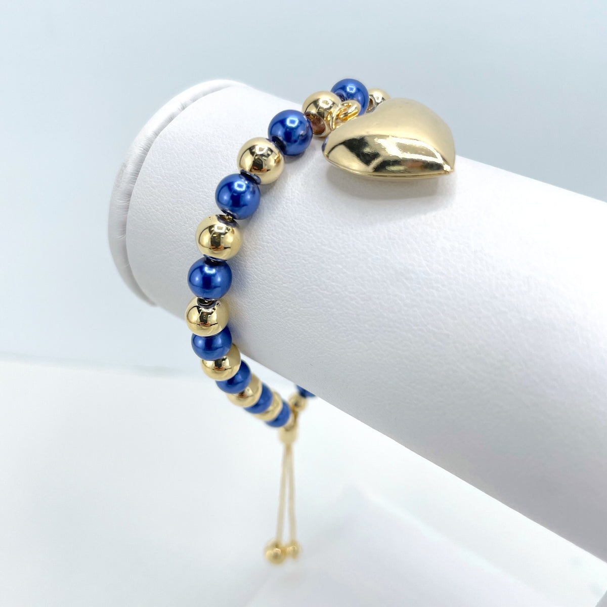 18k Gold Filled 1mm Box Chain with Blue & Gold Beads, Gold Heart Charm, Adjustable Beaded Bracelet, Wholesale Jewelry Making Supplies