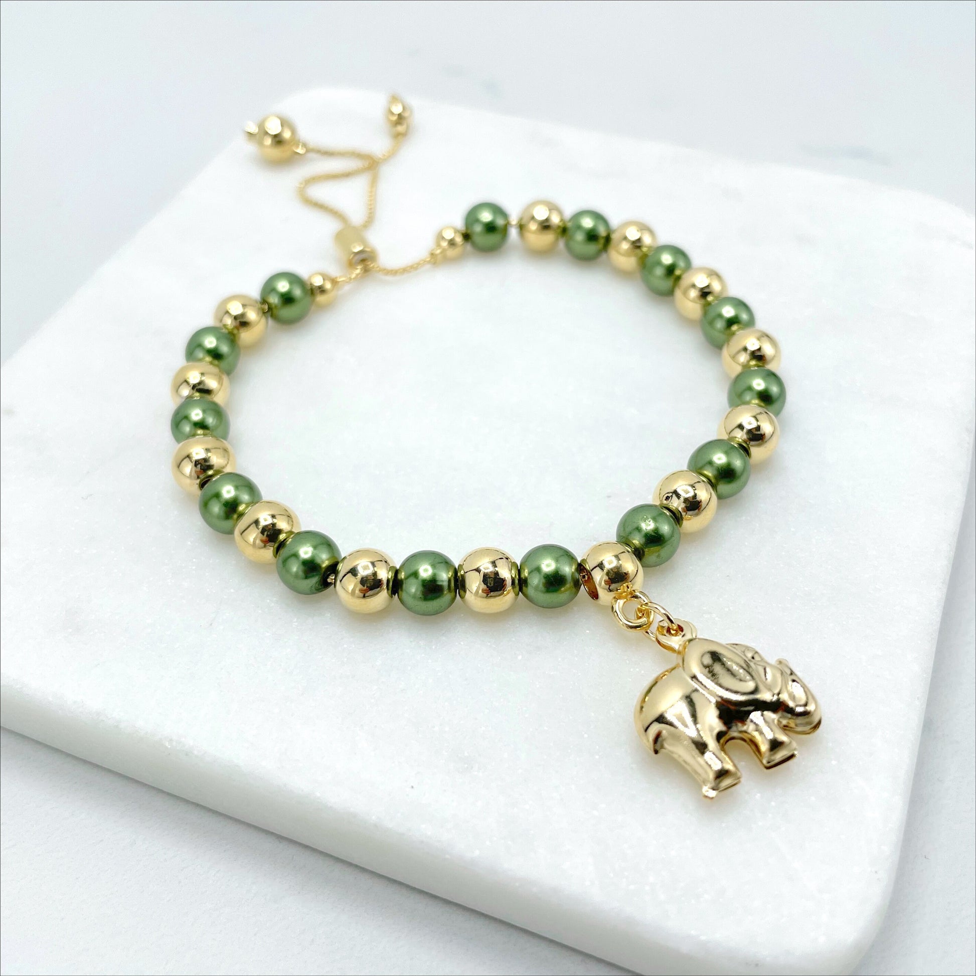 18k Gold Filled 1mm Box Chain with Green & Gold Beads, Elephant Charms, Adjustable Beaded Bracelet, Wholesale Jewelry Making Supplies