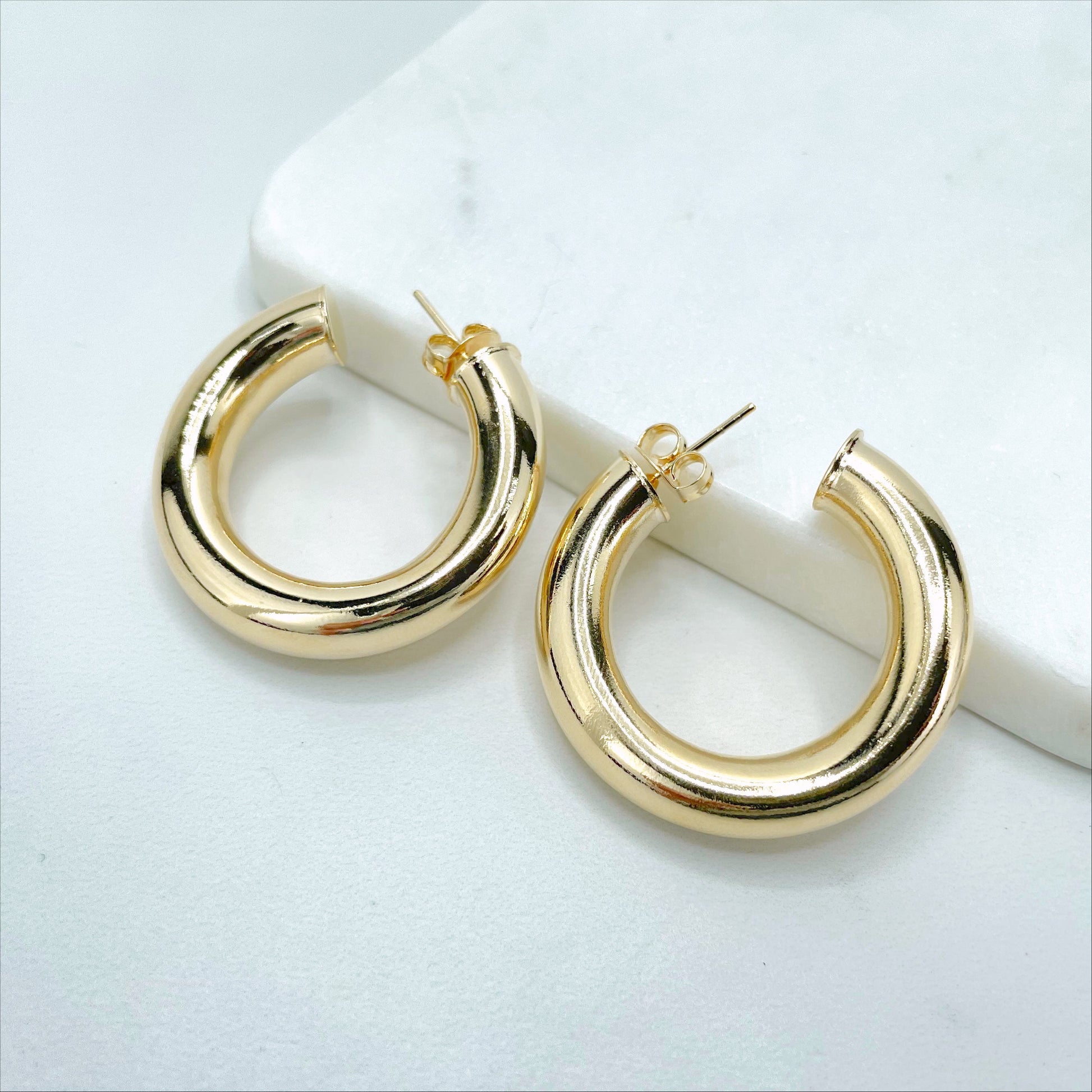 18k Gold Filled Donut Tubular Open Hoop Earrings 35mm, 30mm, 25mm, C-Hoops Push Back Closure Wholesale Jewelry Supplies