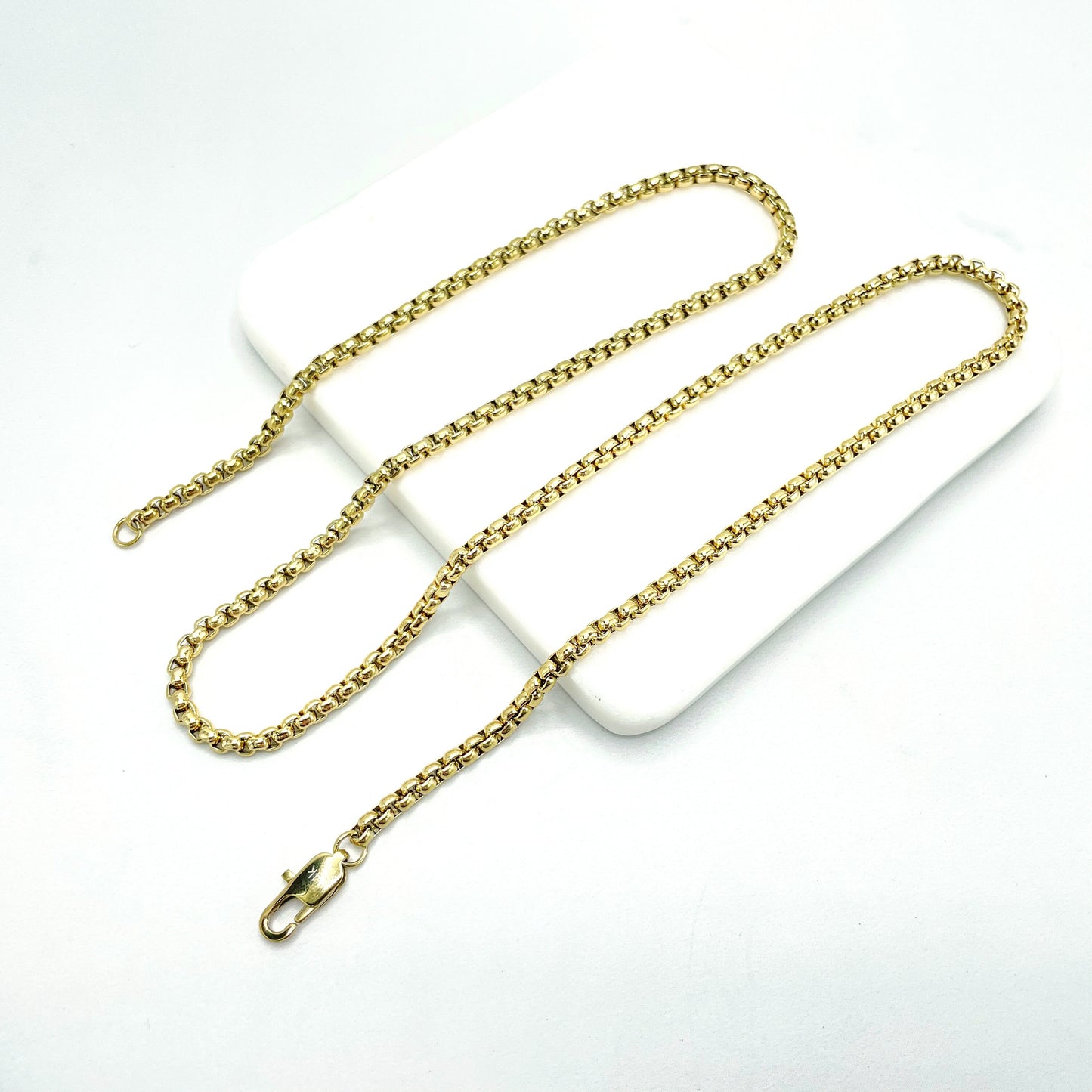 14k Gold Plated On Stainless Steel 3mm Box Chain Link Necklace 24" Long, Unisex Chain, Wholesale Jewelry Making Supplies