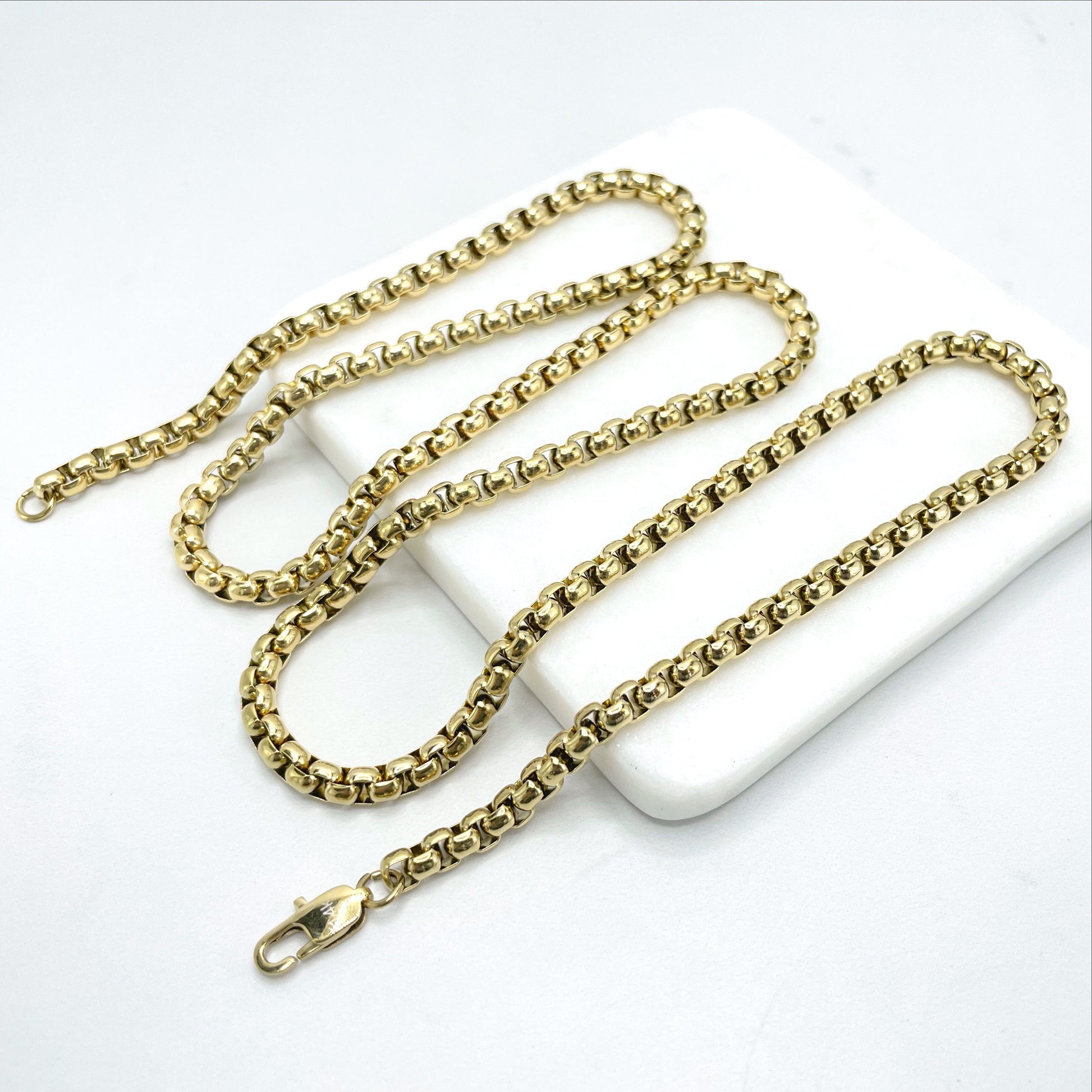 14k Gold Plated On Stainless Steel 5mm Box Chain Link Necklace 30" Long, Unisex Chain, Wholesale Jewelry Making Supplies