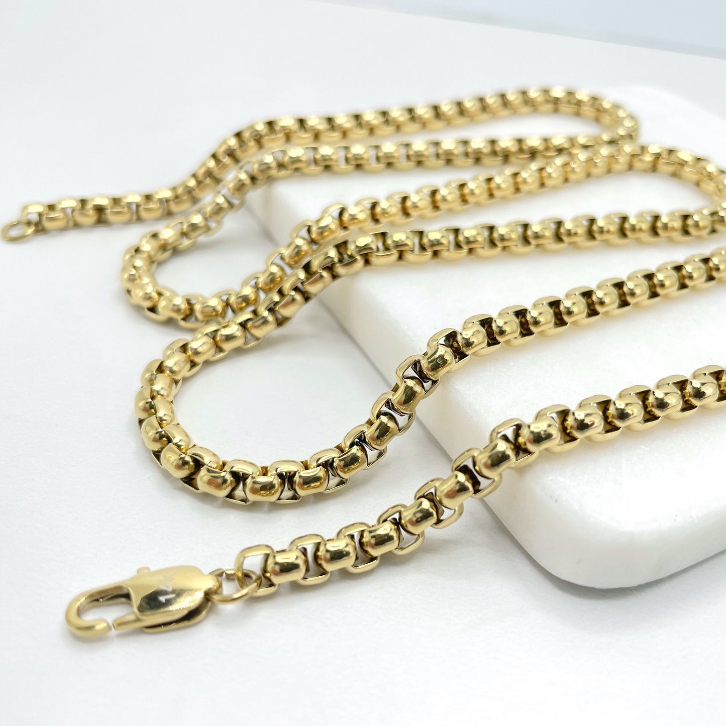 14k Gold Plated On Stainless Steel 5mm Box Chain Link Necklace 30" Long, Unisex Chain, Wholesale Jewelry Making Supplies