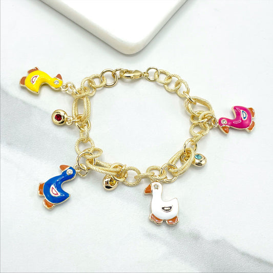 18k Gold Filled Colored Enamel Charms Ducks and Colored Cubic Zirconia in Texturized Link Bracelet, Wholesale Jewelry Making Supplies