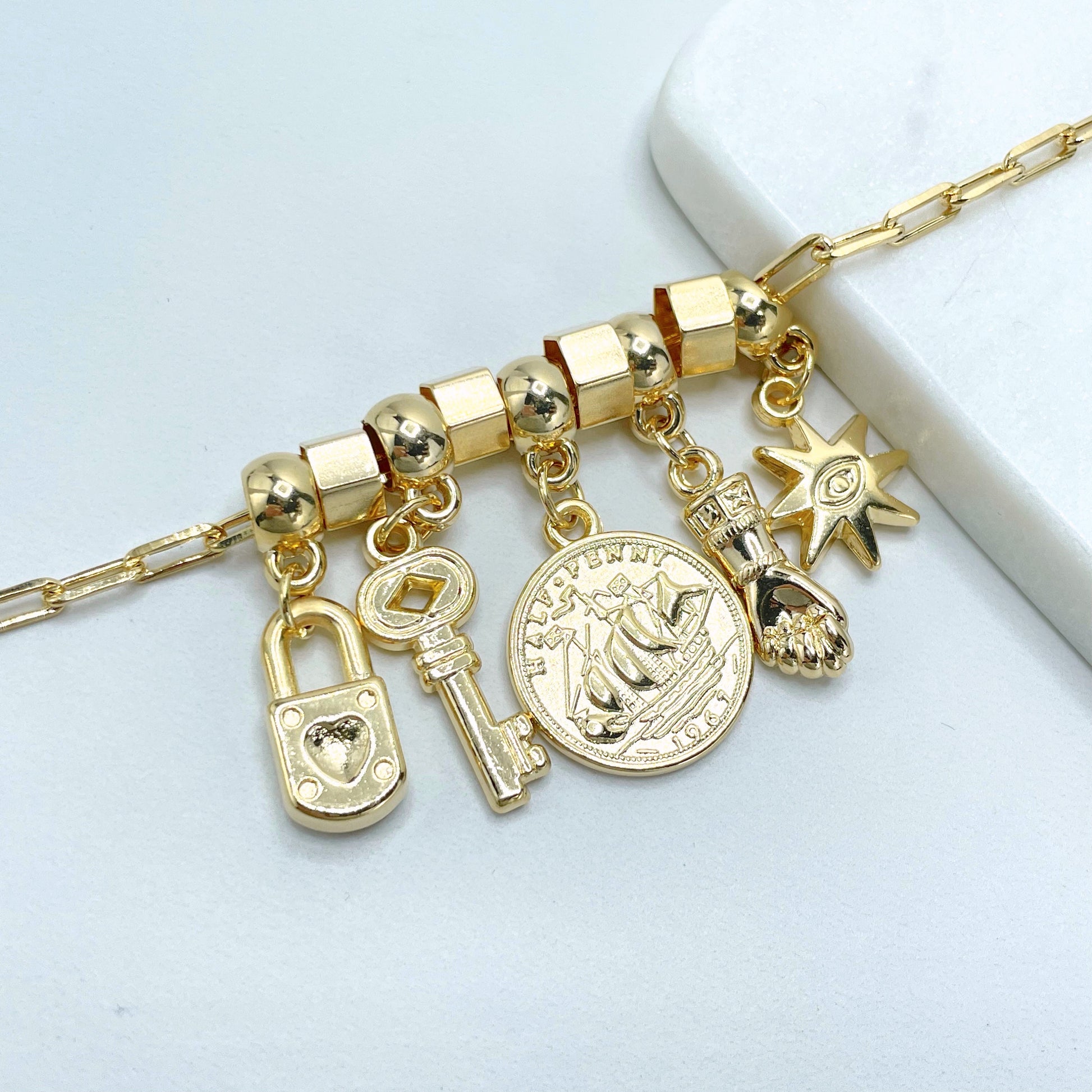 18k Gold Filled 4mm Paperclip Chain, Sun, Lock, Hamsa Hand, Coin, Key & Gold Charms, 8 inches Charms Bracelet, Wholesale Jewelry Supplies
