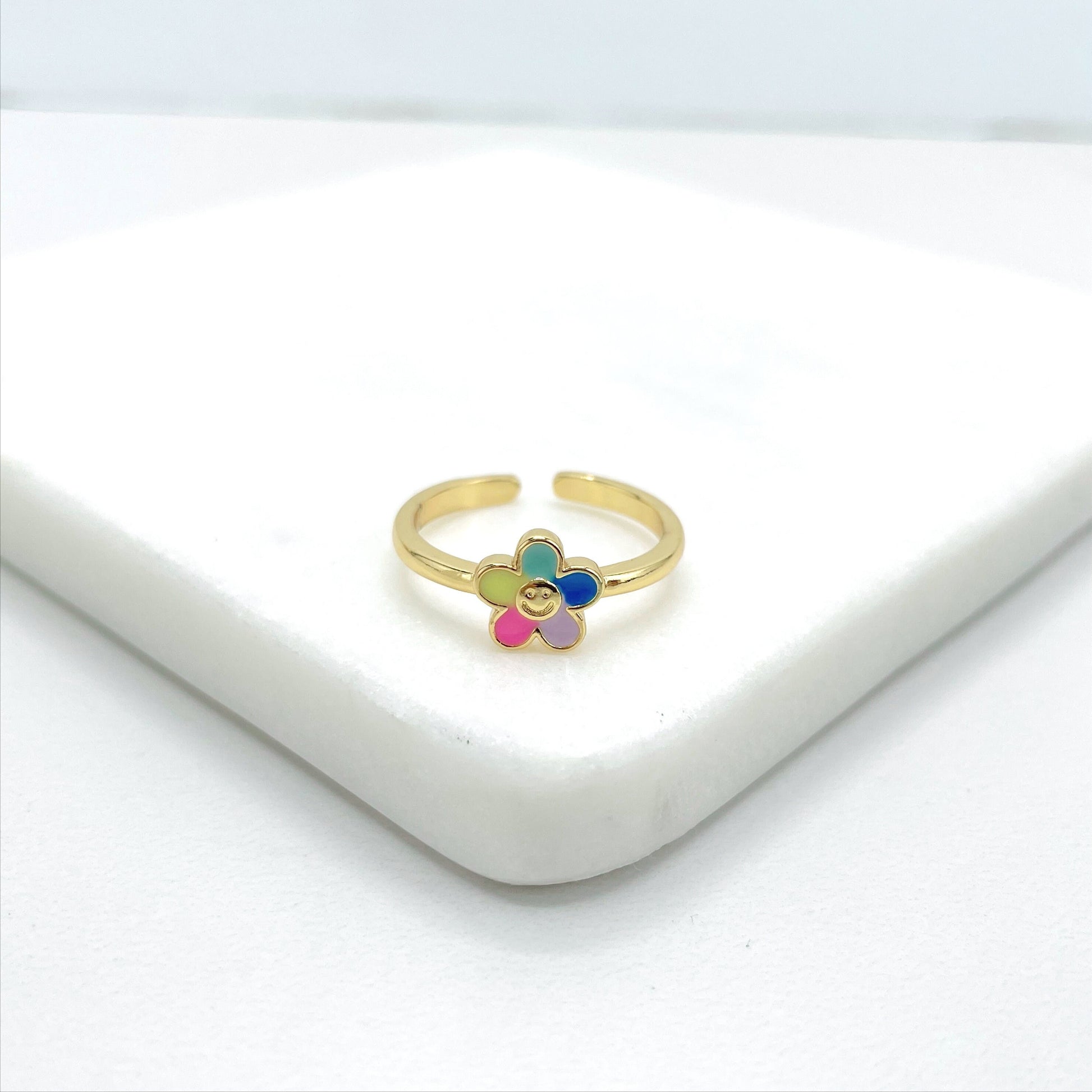 18k Gold Filled Colored Enamel Smile Happy Funny Face Flower, Yellow, Green, Blue, Pink & Purple Adjustable Ring, Wholesale Jewelry Supplies