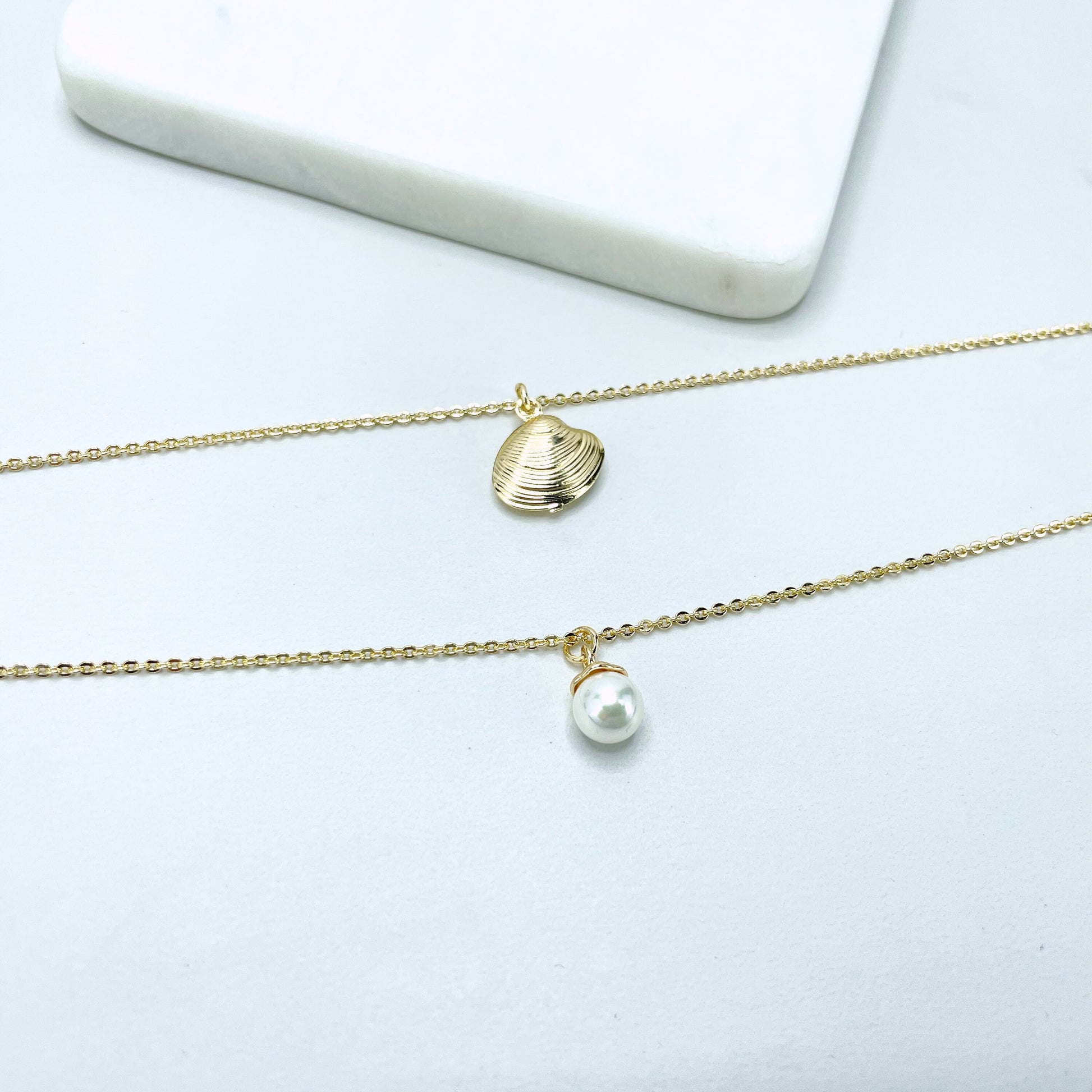 18k Gold Filled Double 2mm Rolo Link Necklaces with Gold Shell & Simulated Pearl, 02 Necklace Wholesale Jewelry Making Supplies
