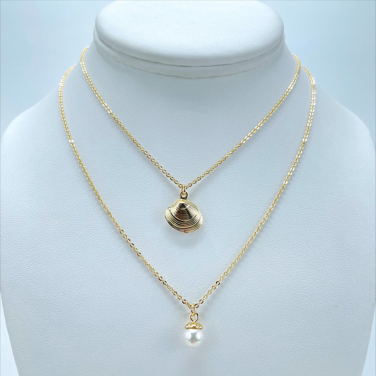 18k Gold Filled Double 2mm Rolo Link Necklaces with Gold Shell & Simulated Pearl, 02 Necklace Wholesale Jewelry Making Supplies