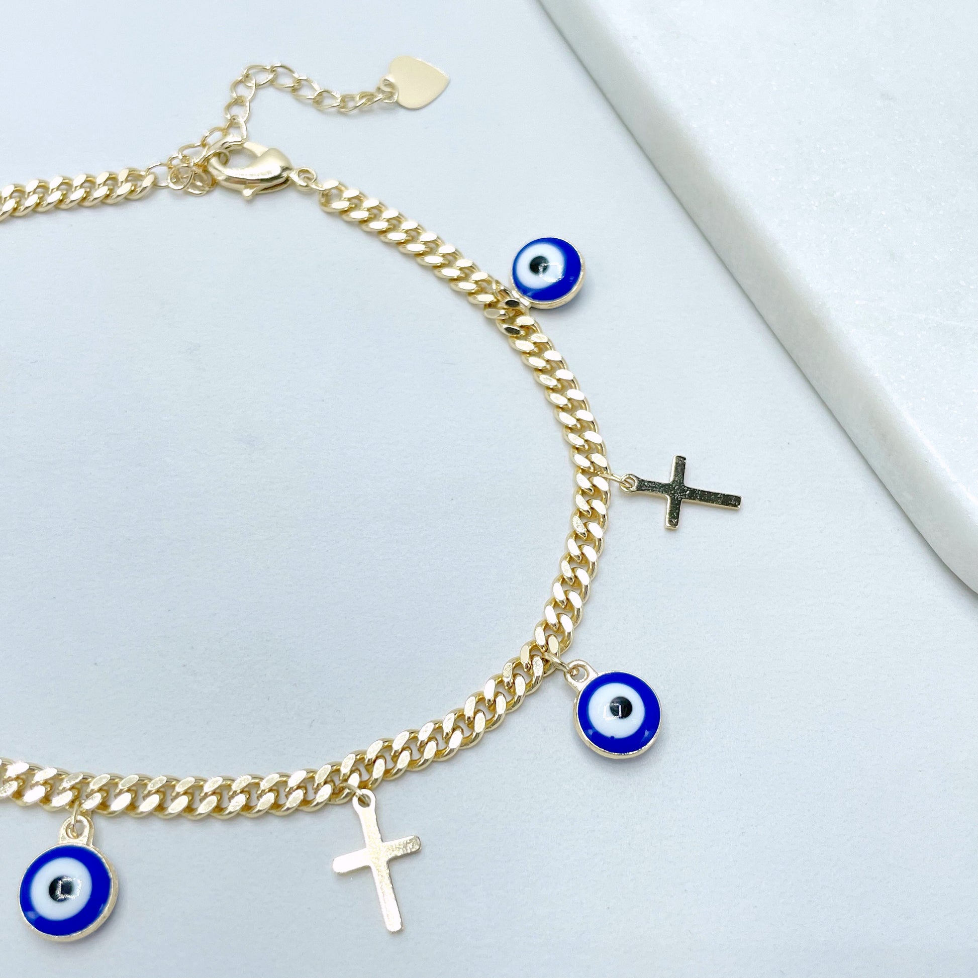 18k Gold Filled 4mm Curb Link Chain with Blue Evil Eyes & Cross Charms Necklace or Anklet Set, Wholesale Jewelry Making Supplies