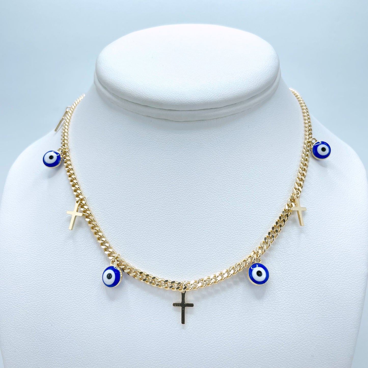 18k Gold Filled 4mm Curb Link Chain with Blue Evil Eyes & Cross Charms Necklace or Anklet Set, Wholesale Jewelry Making Supplies