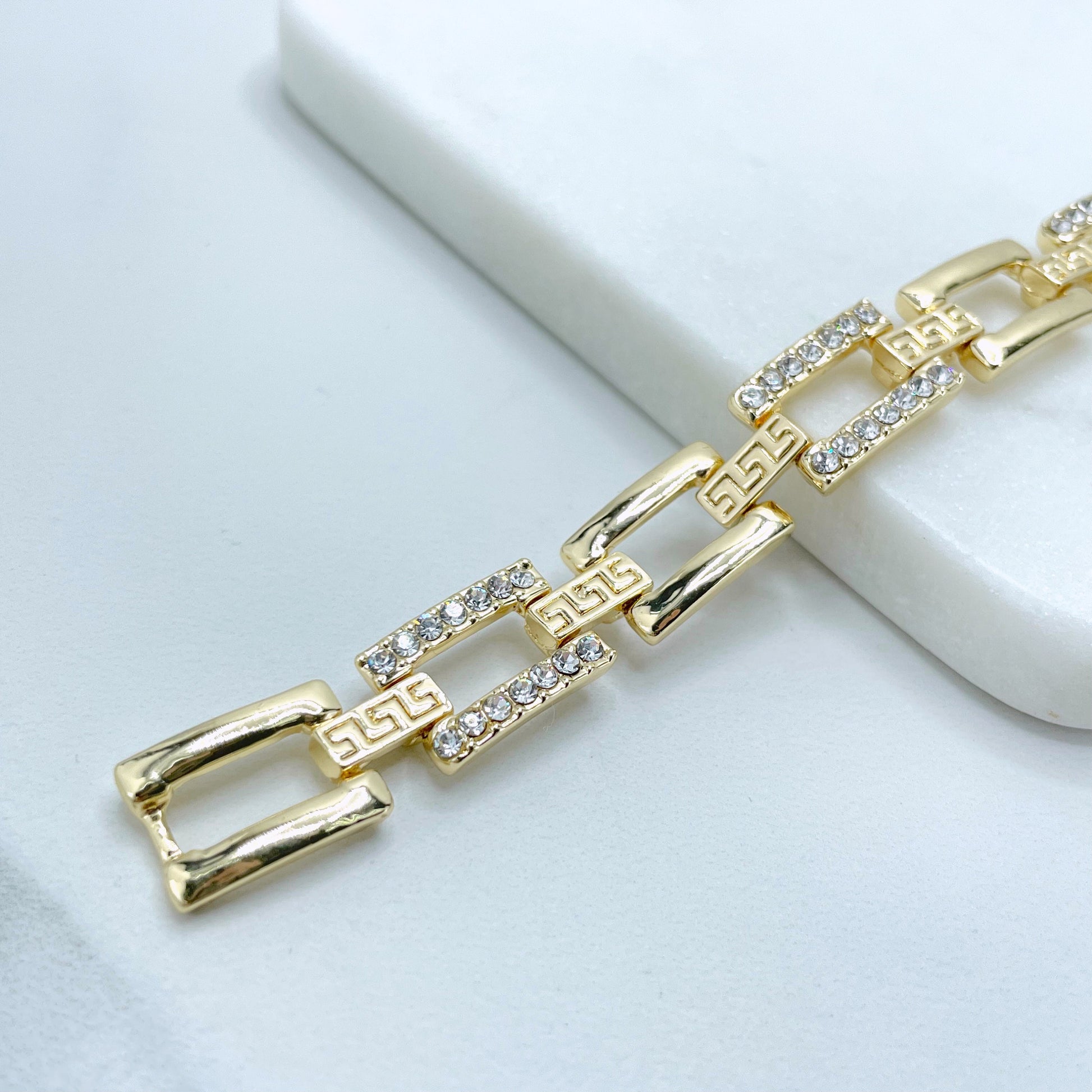 18k Gold Filled with Cubic Zirconia, Rectangular Linked Bracelet with Patterned Details, Wholesale Jewelry Making Supplies