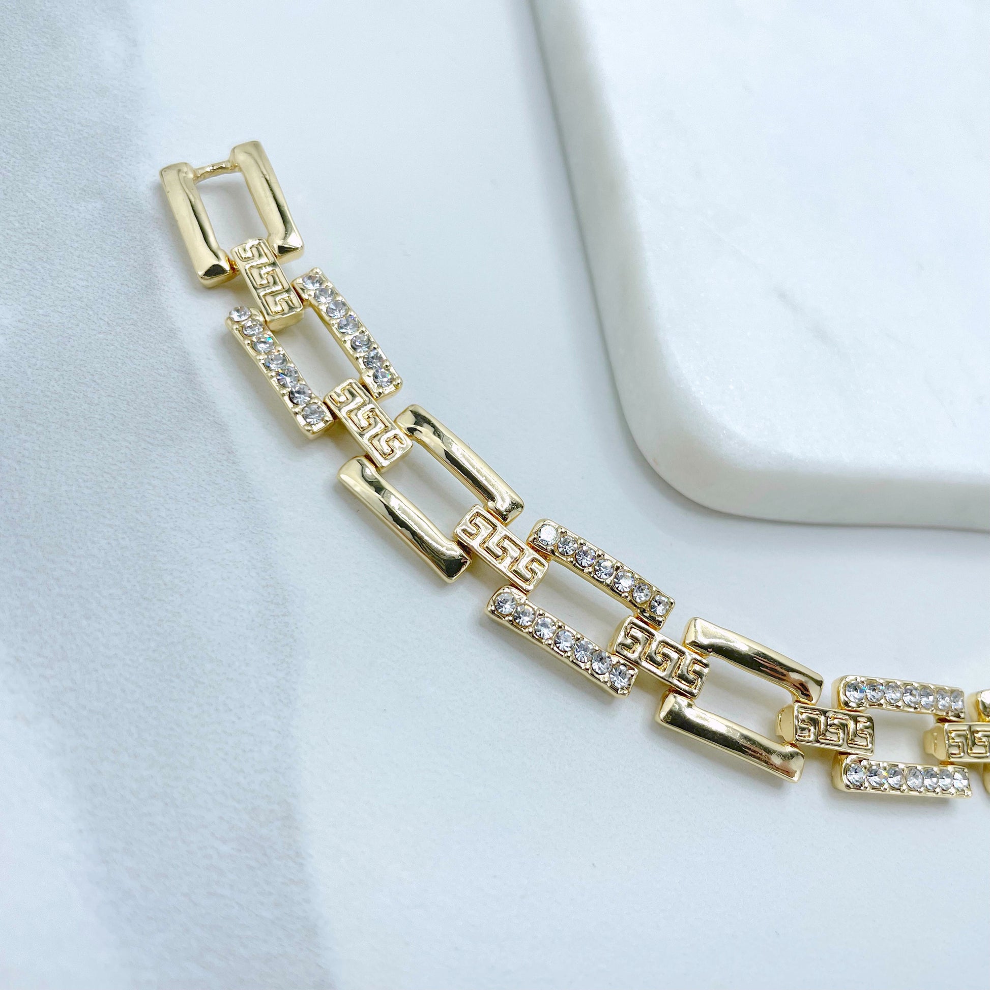 18k Gold Filled with Cubic Zirconia, Rectangular Linked Bracelet with Patterned Details, Wholesale Jewelry Making Supplies