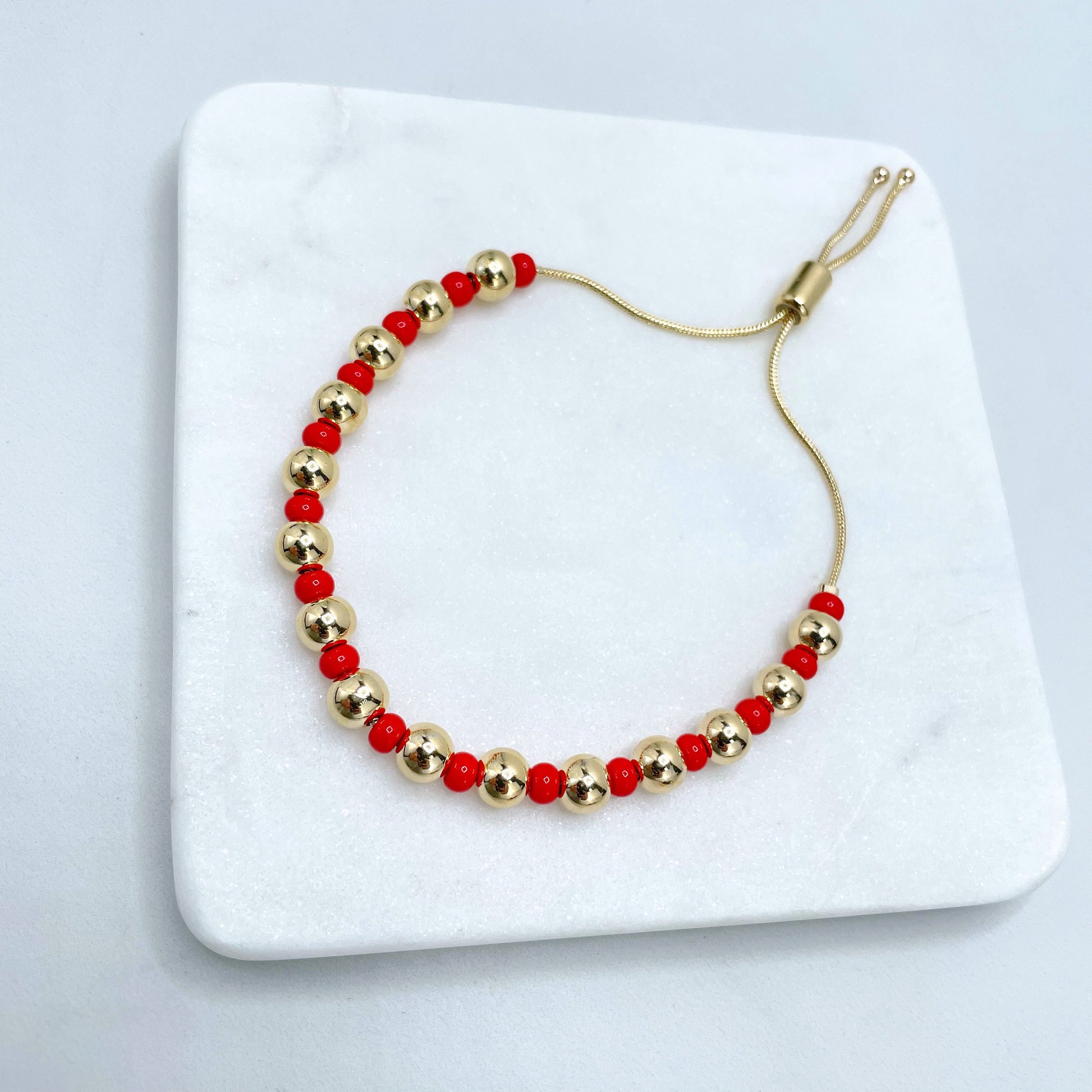 18k Gold Filled 1mm Box Chain in Gold & Colored Beads, Red, Blue or Yellow, Adjustable Bracelet, Wholesale Jewelry Making Supplies