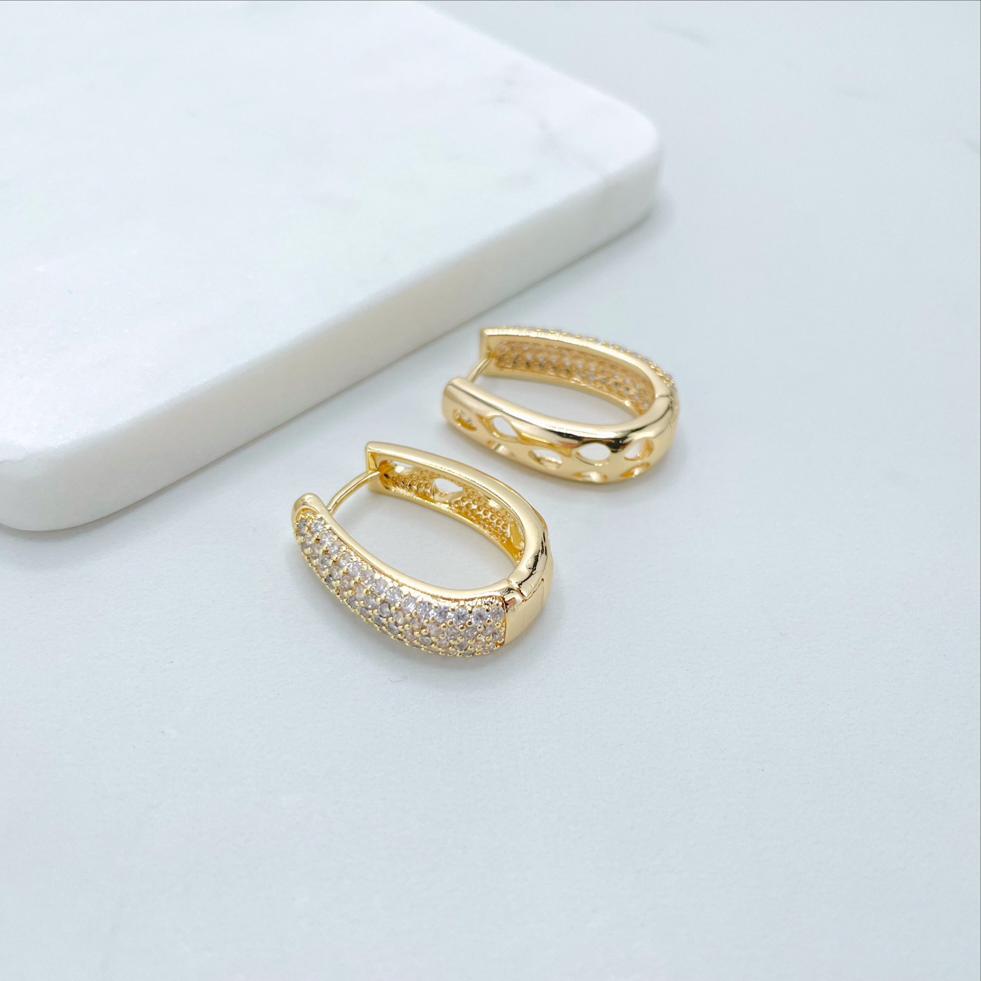 18k Gold Filled with Micro Cubic Zirconia, Hole Tear, 24mm Huggie Earrings, 6mm Thickness, Wholesale Jewelry Making Supplie