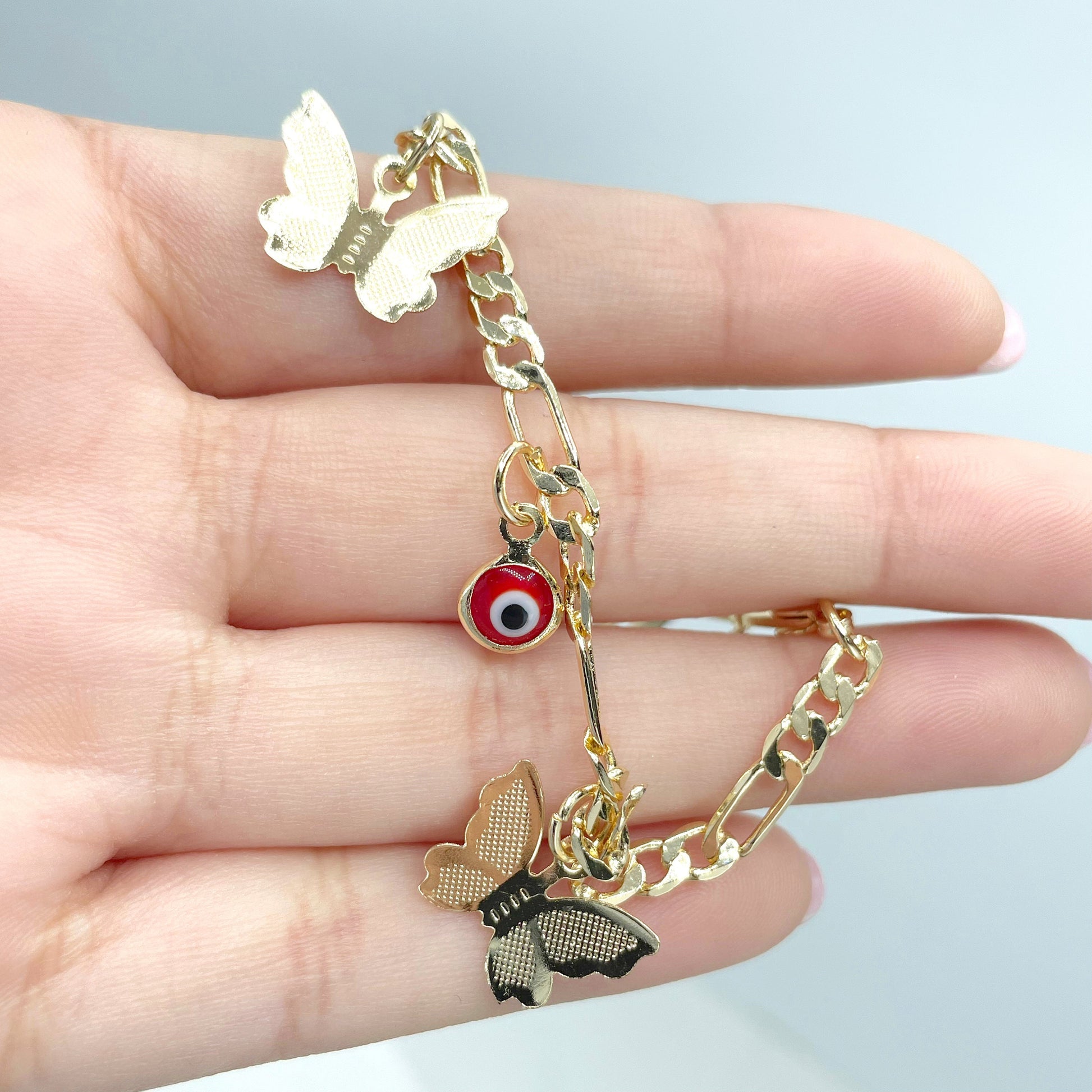 18k Gold Filled Set with Necklace, Earrings & Bracelet, 4mm Figaro Chain, Red Evil Eyes and Butterflies Shape Charms, Wholesale Jewelry