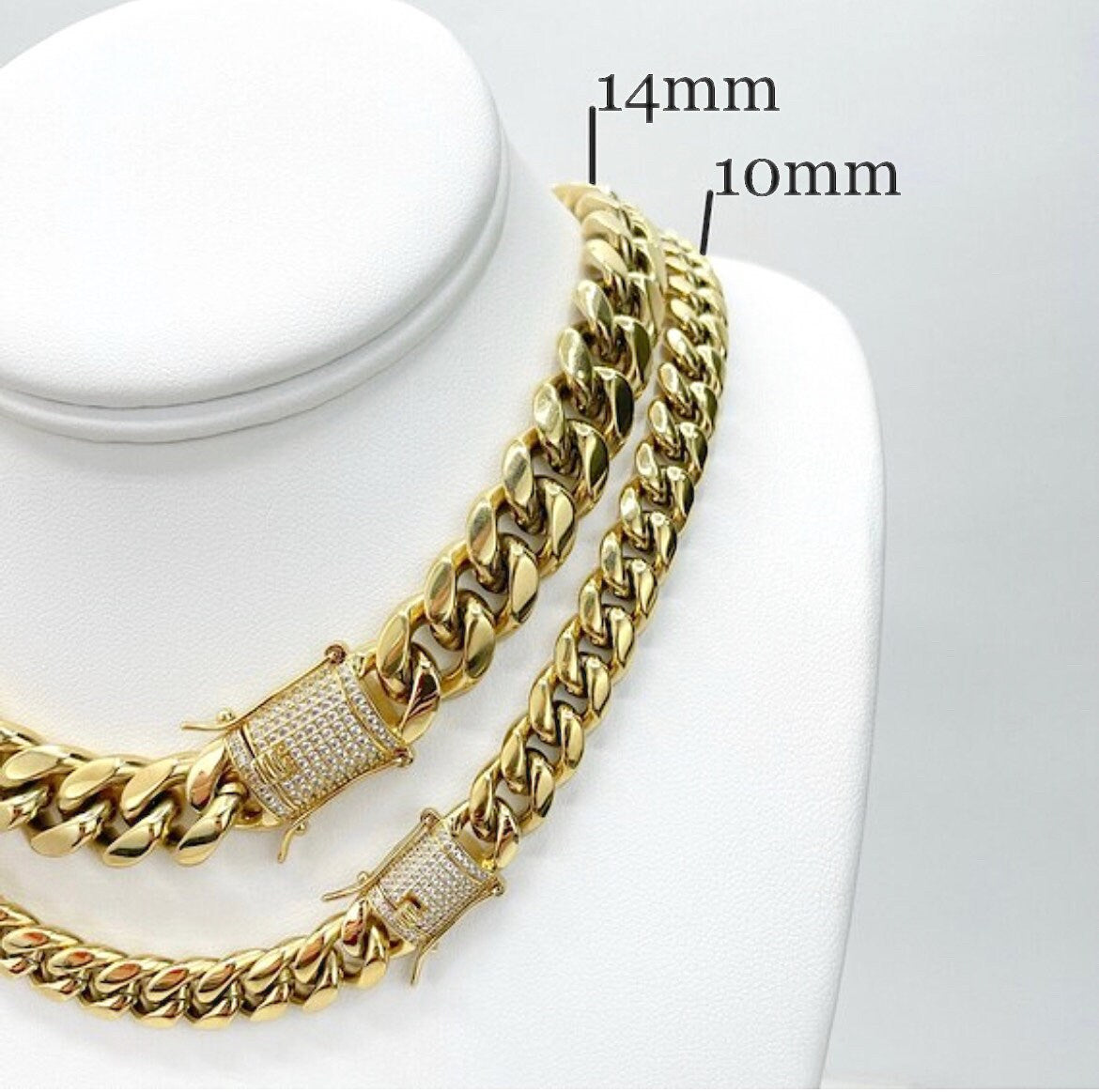 14k Gold Filled Miami Cuban Link 14mm or 10mm Unisex Chain Featuring Micro Pave Cubic Zirconia Double Safe Box Lock Clasp, Wholesale Jewelry